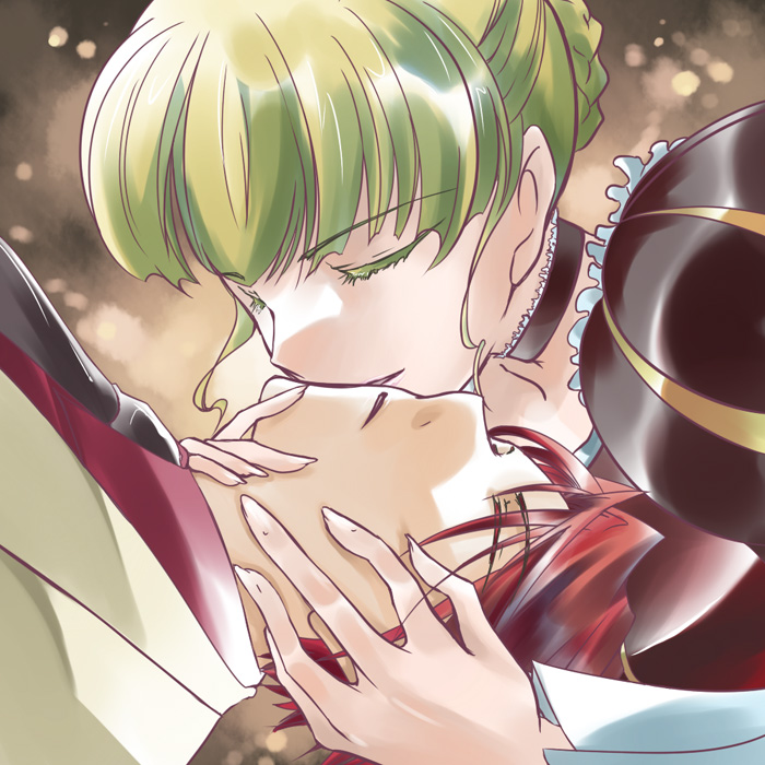 kyouya, beatrice (umineko), ushiromiya battler, umineko no naku koro ni, 00s, 1boy, 1girl, blonde hair, brown background, choker, closed eyes, colored eyelashes, hands on another's face, hetero, kiss, necktie, red hair, short hair