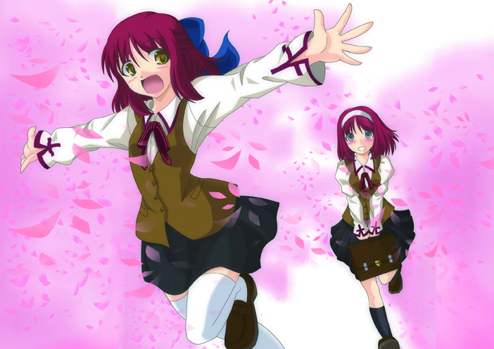 kohatsuka, hisui (tsukihime), kohaku (tsukihime), fate/stay night, fate (series), tsukihime, 00s, 2girls, bag, blue eyes, crossover, homurabara academy school uniform, multiple girls, purple hair, school uniform, short hair, siblings, sisters, thighhighs, twins, yellow eyes