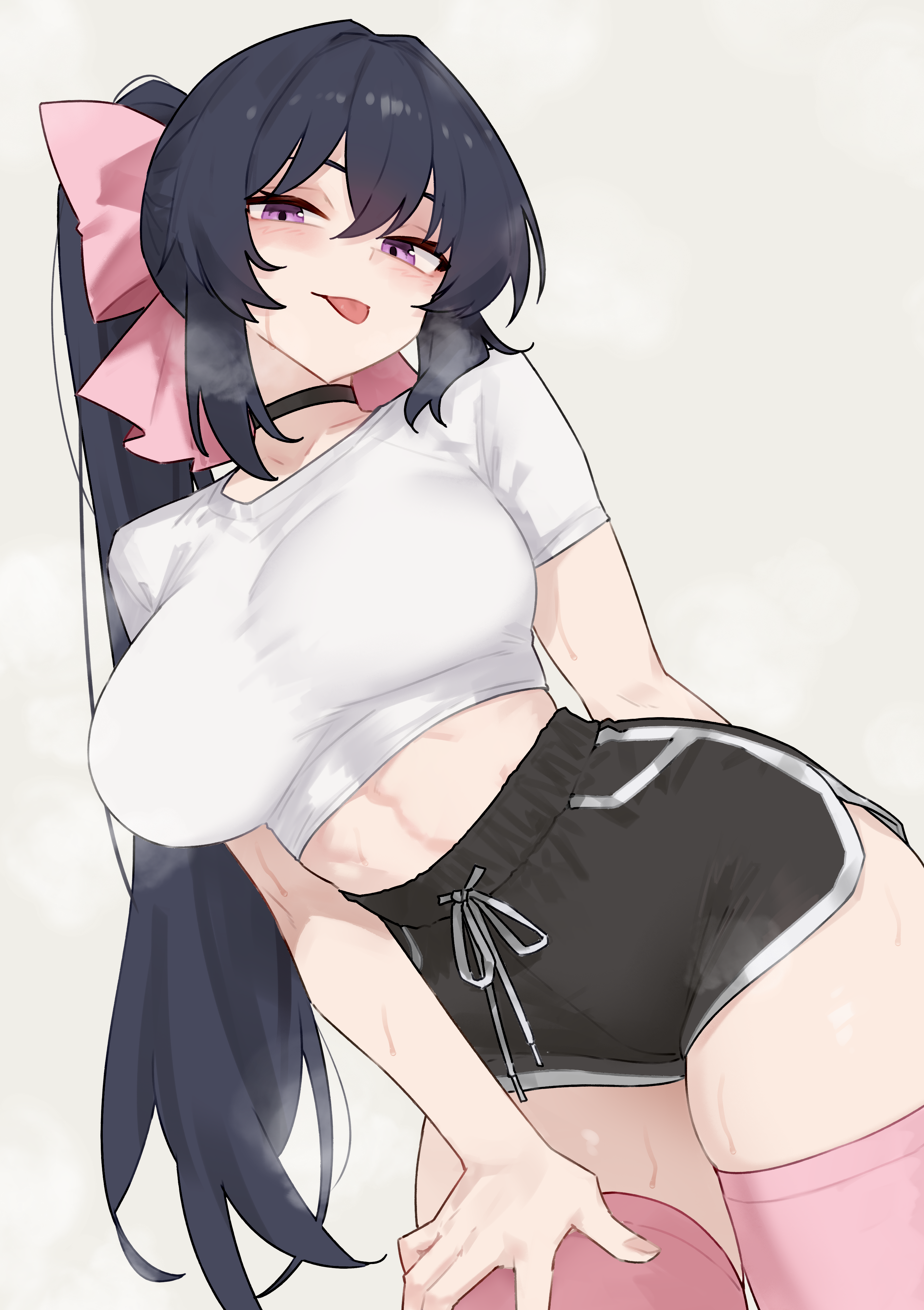 bluefield, noihara himari, omamori himari, absurdres, highres, 1girl, :p, black choker, black hair, black shorts, bow, breasts, choker, crop top, dolphin shorts, hair between eyes, hair bow, large breasts, long hair, looking at viewer, midriff, naughty face, pink bow, pink thighhighs, ponytail, purple eyes, shirt, short shorts, shorts, solo, thighhighs, thighs, tongue, tongue out, very long hair, white shirt