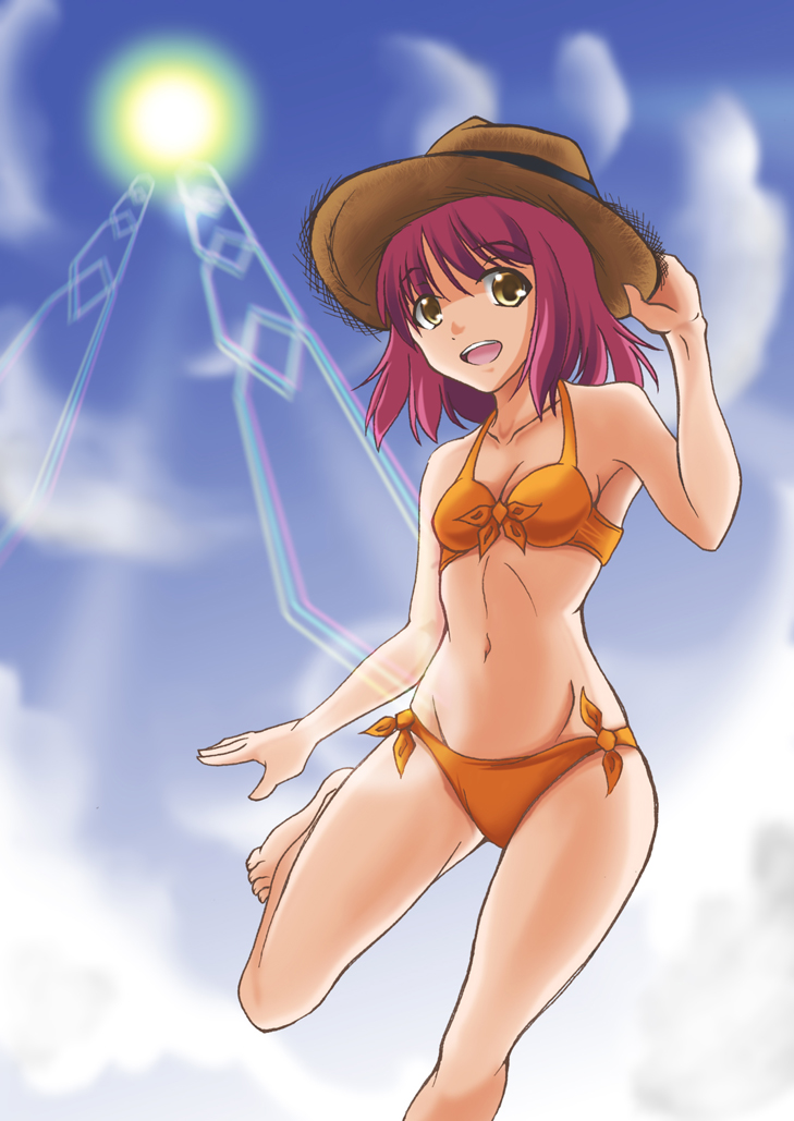 kohatsuka, kohaku (tsukihime), tsukihime, 00s, 1girl, armpits, barefoot, bikini, brown eyes, day, female focus, hat, orange bikini, purple hair, red hair, short hair, sky, solo, swimsuit