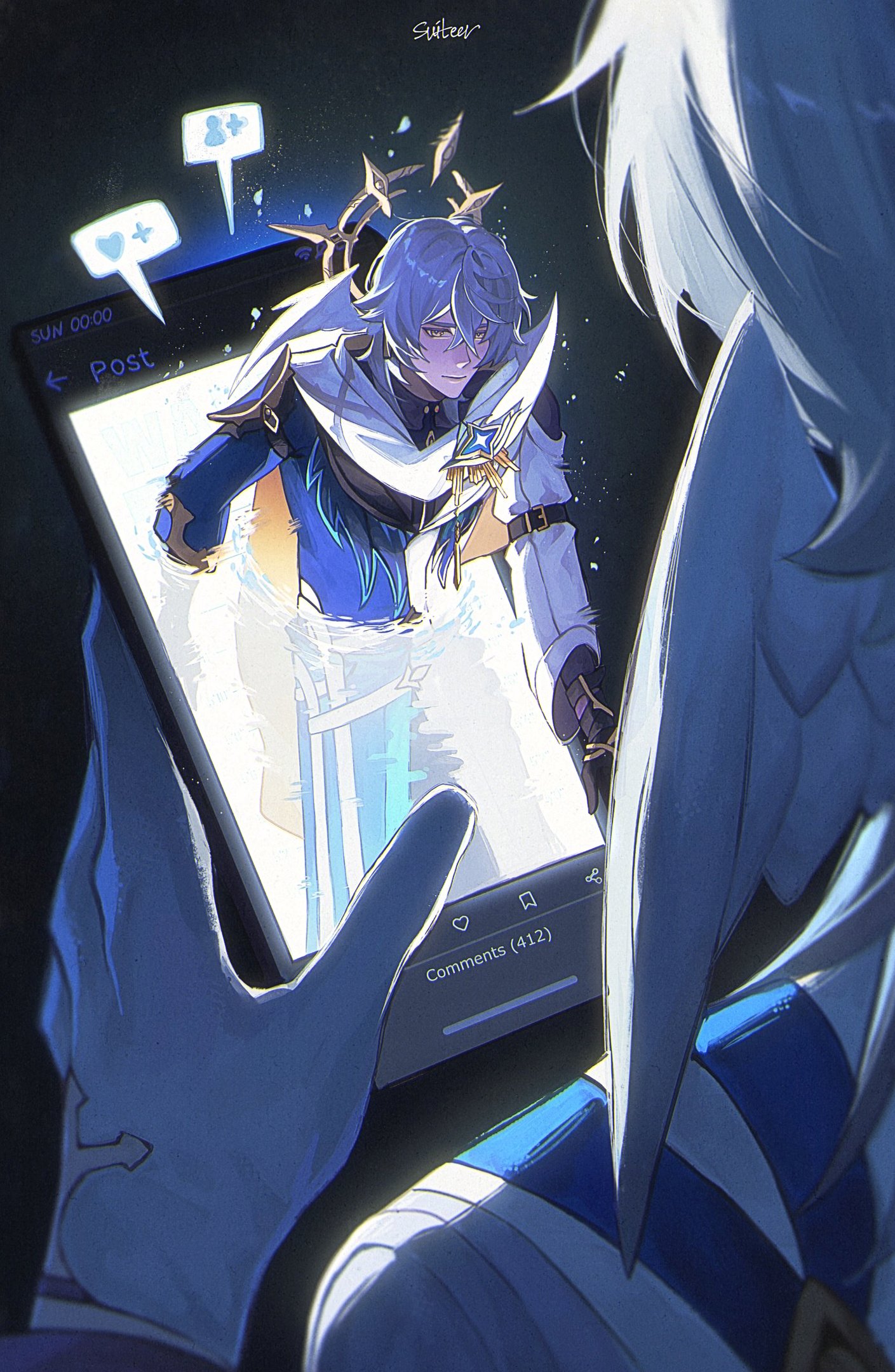 moonya, sunday (honkai: star rail), sunday (sacerdos' relived ordeal) (honkai: star rail), honkai: star rail, honkai (series), commentary, english commentary, highres, 2boys, artist name, black gloves, blue coat, cellphone, closed mouth, coat, dual persona, feathered wings, gloves, grey hair, hair between eyes, halo, halo behind head, hands up, head wings, holding, holding phone, long sleeves, looking at viewer, male focus, medium hair, mini person, miniboy, multicolored coat, multiple boys, phone, signature, smartphone, speech bubble, upper body, white coat, white gloves, white wings, wings, yellow eyes