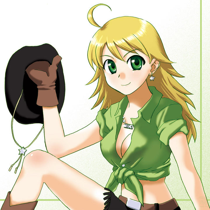 hoshii miki, idolmaster, idolmaster (classic), 00s, 1girl, blonde hair, breasts, cleavage, cowboy hat, cowboy western, female focus, fringe trim, gloves, green eyes, hat, long hair, open clothes, open shirt, shirt, sleeves rolled up, solo, tied shirt