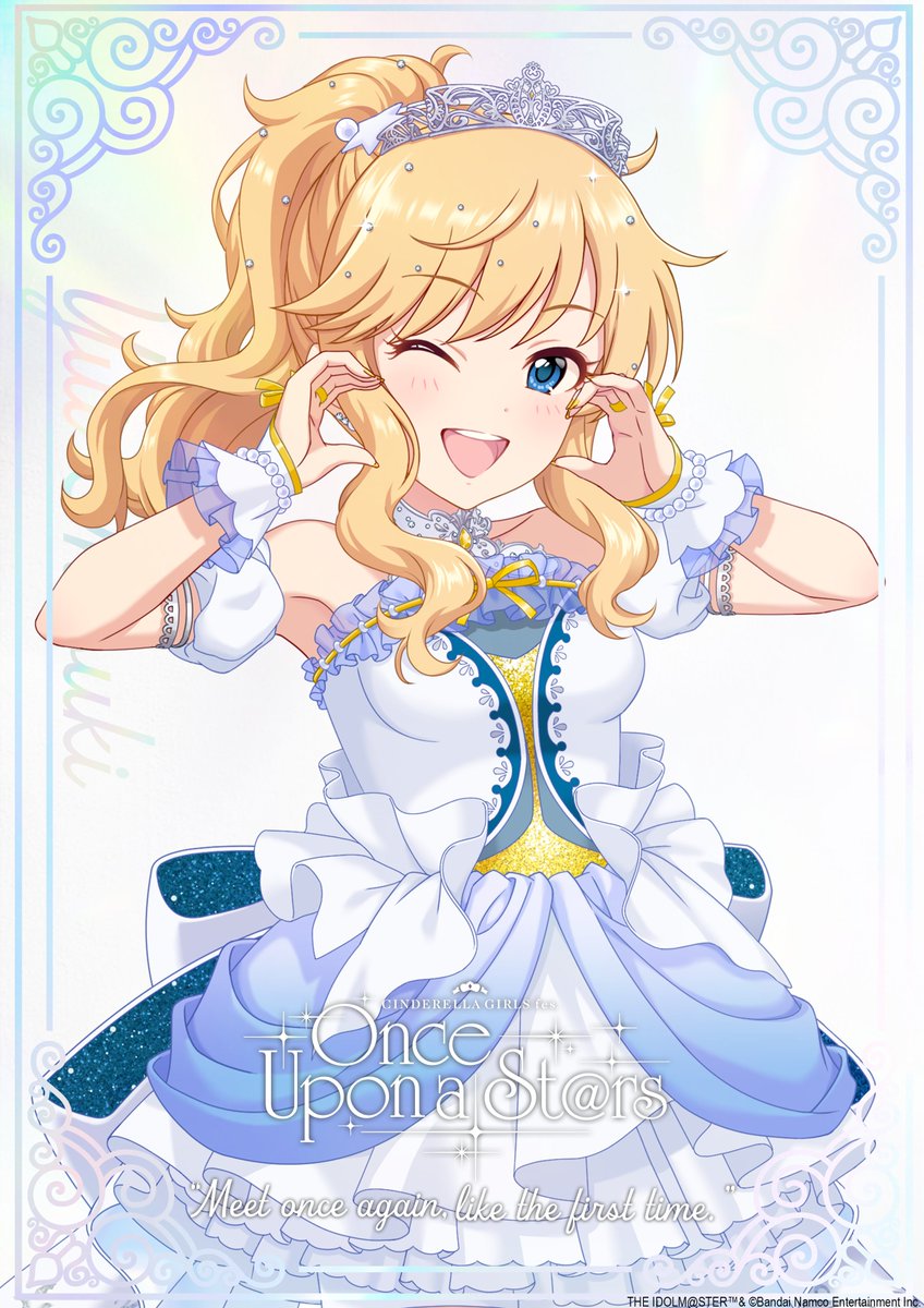ohtsuki yui, idolmaster, idolmaster cinderella girls, idolmaster cinderella girls starlight stage, official art, 1girl, armlet, blonde hair, blue eyes, dress, earrings, english text, fingerless gloves, gloves, hair ornament, idol clothes, jewelry, nail polish, one eye closed, open mouth, ponytail, solo, tiara