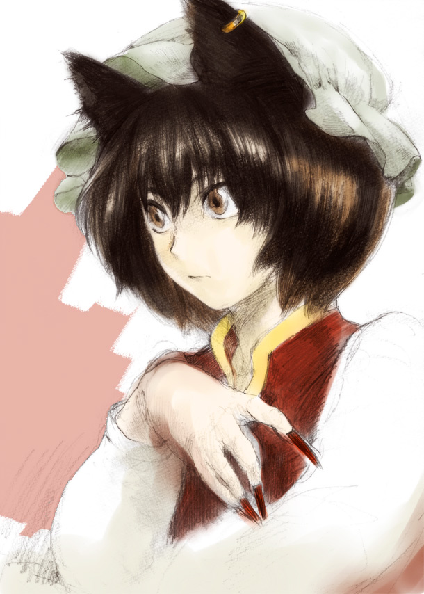 yukizen, chen, touhou, graphite (medium), mixed media, traditional media, 1girl, animal ears, black hair, brown eyes, brown hair, cat ears, cat girl, claws, earrings, female focus, fingernails, hat, jewelry, long fingernails, short hair, sketch, solo