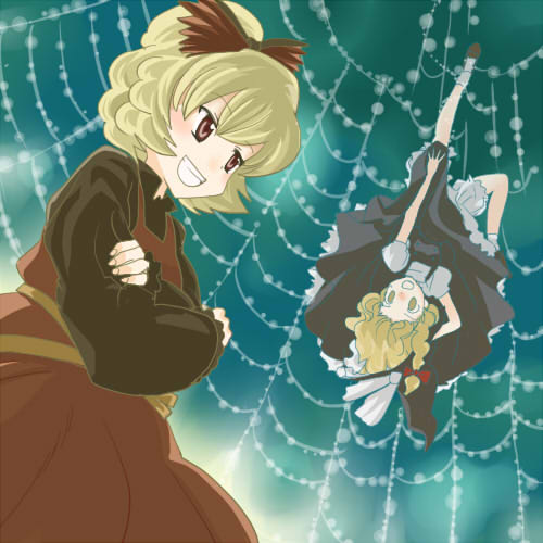 nanami sano, kirisame marisa, kurodani yamame, touhou, lowres, 2girls, :d, apron, blonde hair, bloomers, braid, brown dress, crossed arms, dress, female focus, flower, grin, long sleeves, multiple girls, open mouth, restrained, silk, single braid, smile, spider web, teeth, underwear, upside-down, waist apron