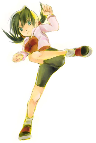 kris (pokemon), nintendo, pokemon, pokemon adventures, 1girl, bike shorts, breasts, female focus, full body, hat, high kick, kicking, simple background, solo, twintails, white background