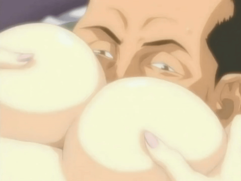 yamanobe etsuko, hana no joshi ana: newscaster etsuko, animated, animated gif, lowres, tagme, 00s, 1boy, 1girl, 2004, black hair, blue hair, bouncing breasts, breasts, breasts squeezed together, large breasts, nail polish, nude