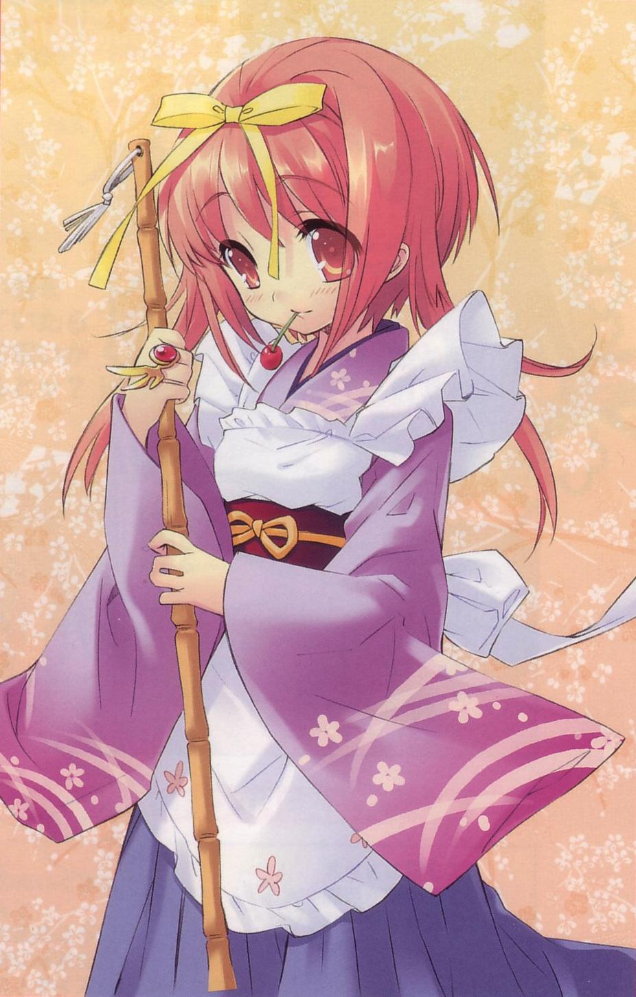 ito noizi, akihime sumomo, nanatsuiro drops, highres, 00s, broom, cherry, food, fruit, mouth hold, red eyes, red hair, ribbon, solo