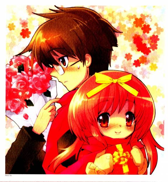 akihime sumomo, tsuwabuki masaharu, nanatsuiro drops, 00s, blush, brown hair, flower, gift, glasses, gloves, red eyes, red hair, ribbon, rose, smile
