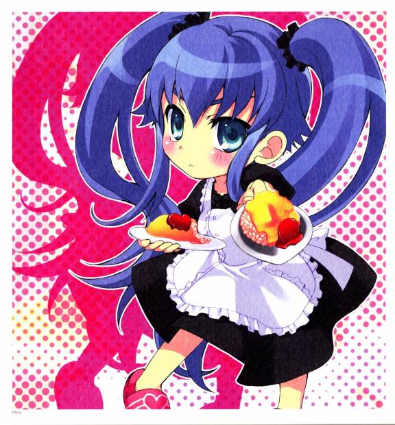 yuuki nona, nanatsuiro drops, 00s, blue eyes, blue hair, blush, chibi, food, long hair, maid, solo, twintails, very long hair