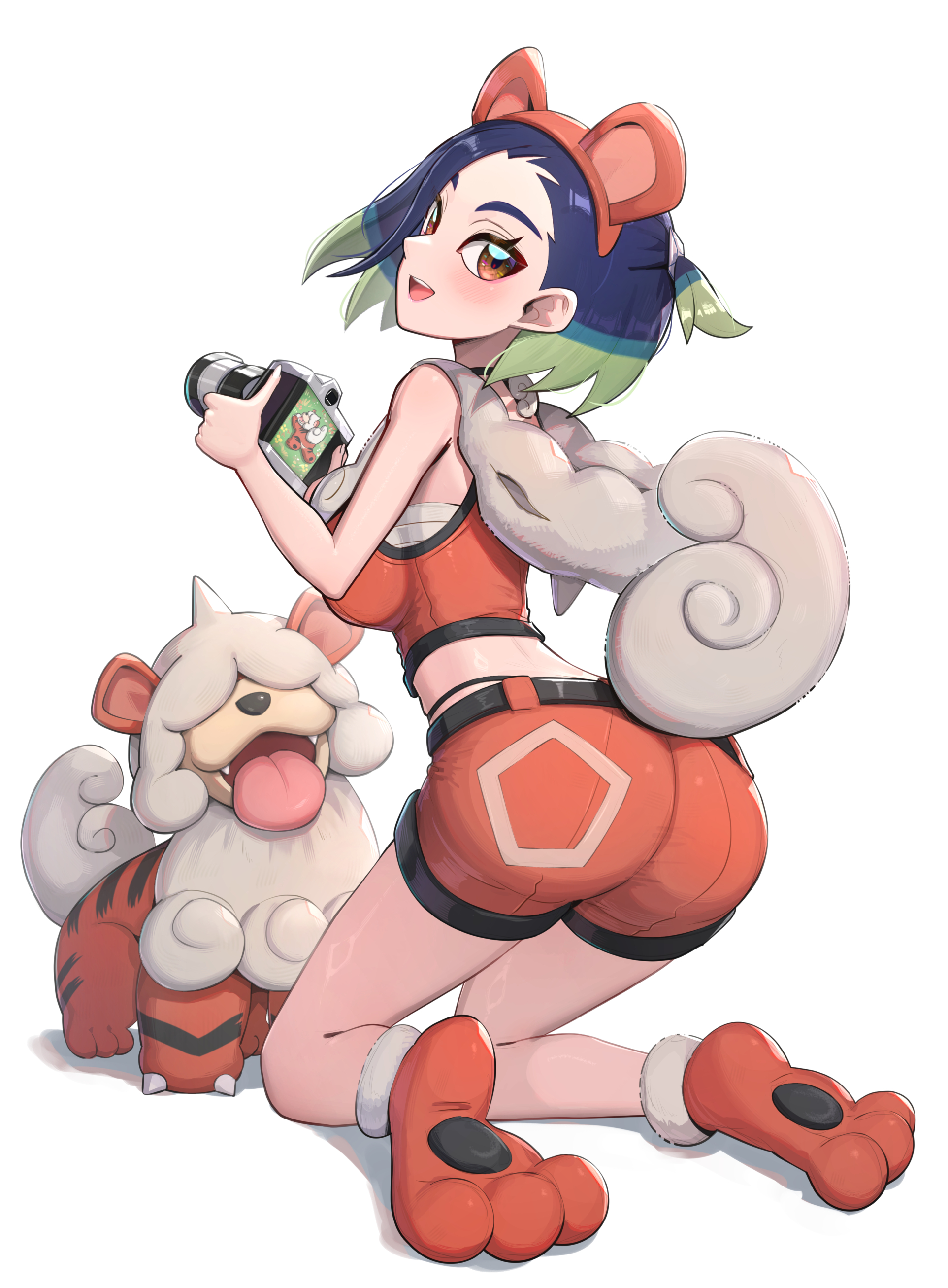 gonzarez, hisuian growlithe, perrin (pokemon), nintendo, pokemon, pokemon legends: arceus, pokemon sv, absurdres, highres, 1girl, animal ears, animal hands, bare shoulders, blue hair, bob cut, breasts, brown eyes, camera, cosplay, crop top, dog ears, dog paws, dog tail, fake animal ears, fake tail, fangs, gradient hair, holding, midriff, multicolored hair, open mouth, pokemon (creature), shirt, short hair, shorts, simple background, sleeveless, sleeveless shirt, smile, tail, tongue, tongue out, undershirt, white background, white nails