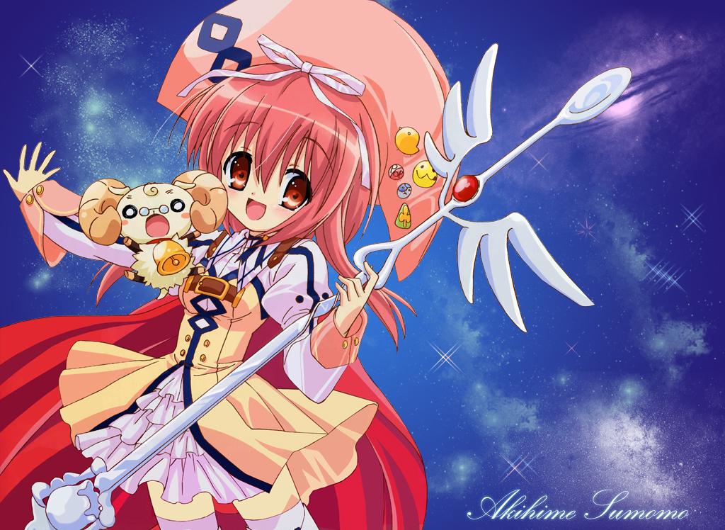 akihime sumomo, yuki-chan, nanatsuiro drops, 00s, 1girl, bell, bicorne, blush, buttons, cape, dress, female focus, glasses, happy, hat, horns, red eyes, red hair, ribbon, smile, solo, staff