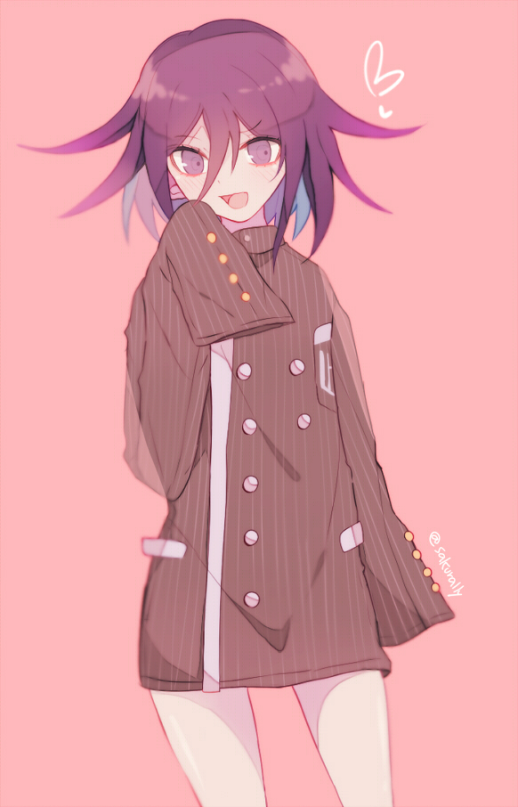 sakura (fein5862817), oma kokichi, saihara shuichi, danganronpa (series), danganronpa v3: killing harmony, 1boy, aegyo sal, bare legs, black jacket, bottomless, breast pocket, buttons, collared jacket, cosplay, cowboy shot, crest, double-breasted, gold buttons, hair between eyes, happy, heart, high collar, jacket, long hair between eyes, long sleeves, looking at viewer, male focus, open mouth, oversized clothes, pink background, pinstripe jacket, pinstripe pattern, pocket, purple eyes, purple hair, saihara shuichi (cosplay), short hair, simple background, sleeves past fingers, sleeves past wrists, smile, solo, standing, twitter username, v-shaped eyebrows