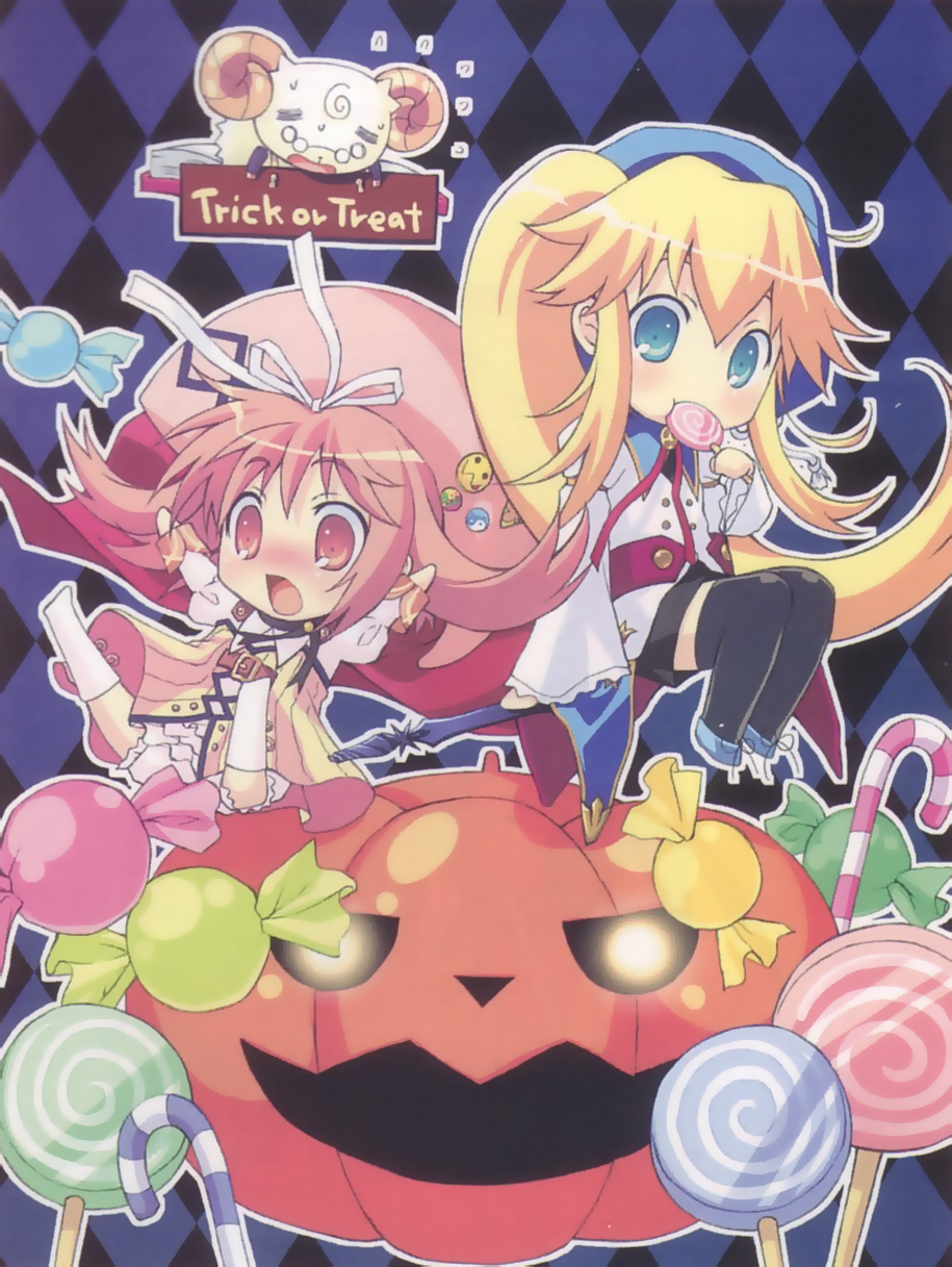 akihime sumomo, prima aspallas, yuki-chan, nanatsuiro drops, argyle, highres, 00s, 2girls, = =, badge, bicorne, blonde hair, blue eyes, book, button badge, buttons, candy, candy cane, chibi, dress, eating, falling, glasses, hat, horns, jack-o'-lantern, lollipop, long hair, multiple girls, ponytail, pumpkin, red eyes, red hair, ribbon, staff, swirl lollipop, very long hair