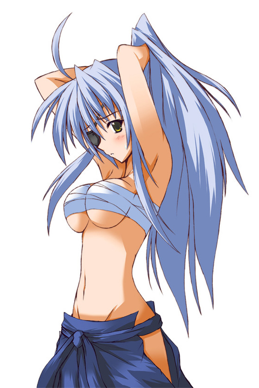 nanairo souga, souga nanairo, date masamune (sengoku otome), sengoku otome, 10s, 1girl, adjusting hair, ahoge, armpits, bandages, blue hair, blue hakama, blush, breasts, eyepatch, female focus, hakama, hakama skirt, japanese clothes, large breasts, long hair, ponytail, sarashi, skirt, solo, underboob, very long hair