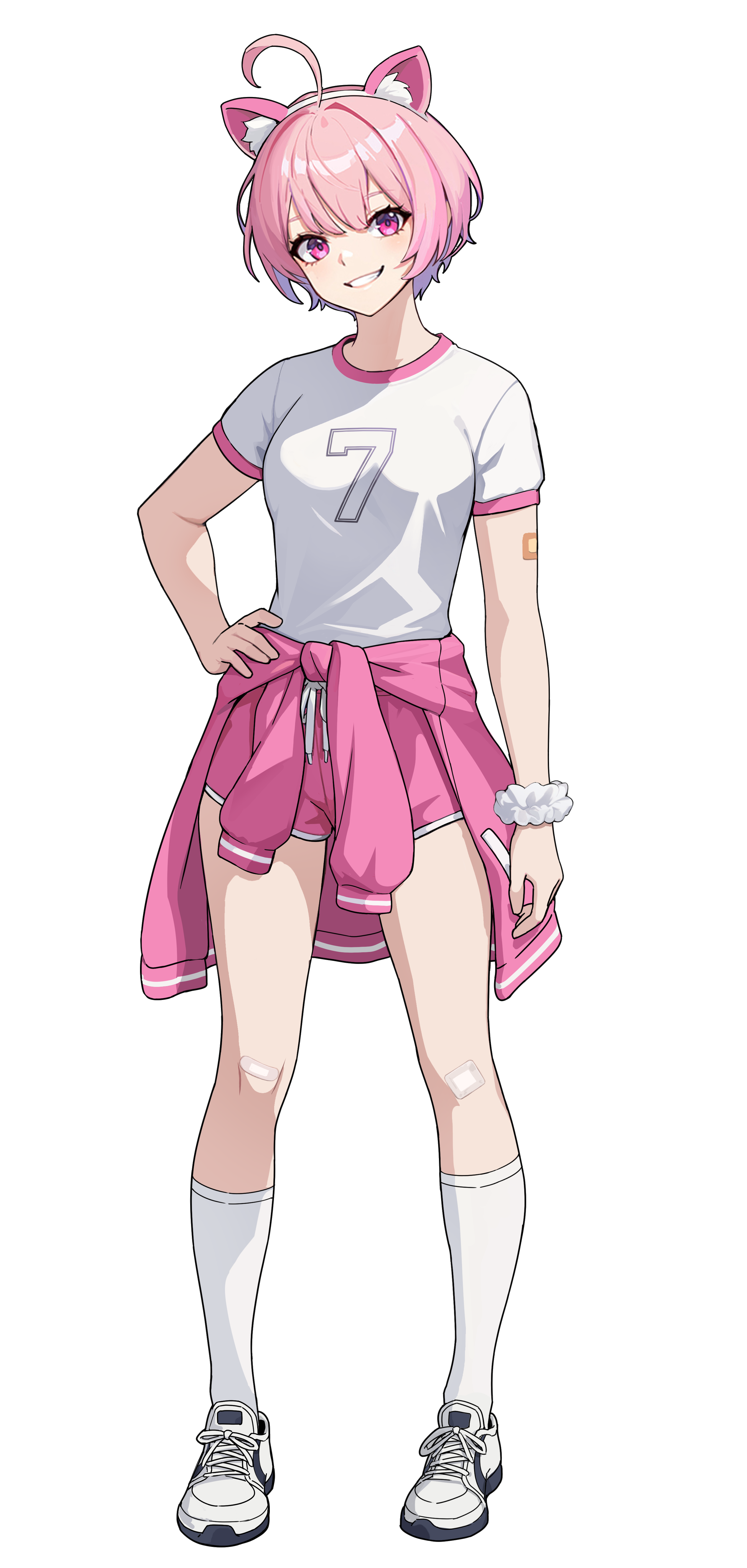 harper (solo leveling), solo leveling, solo leveling: arise, absurdres, highres, official art, 1girl, ahoge, animal ear hairband, animal ears, cat ear hairband, cat ears, clothes around waist, collared shirt, dolphin shorts, fake animal ears, full body, grin, hairband, hand on own hip, jacket, jacket around waist, looking at viewer, official alternate costume, pink background, pink hair, pink jacket, pink shorts, shirt, shoes, short hair, short sleeves, shorts, simple background, smile, socks, solo, transparent background, white shirt, white shoes, white socks