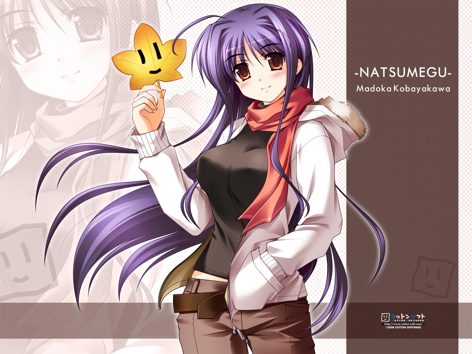 sasai saji, kobayakawa madoka, natsumegu, highres, 1girl, ahoge, breasts, brown eyes, character name, coat, female focus, leaf, long hair, medium breasts, purple hair, scarf, solo, sweater, very long hair