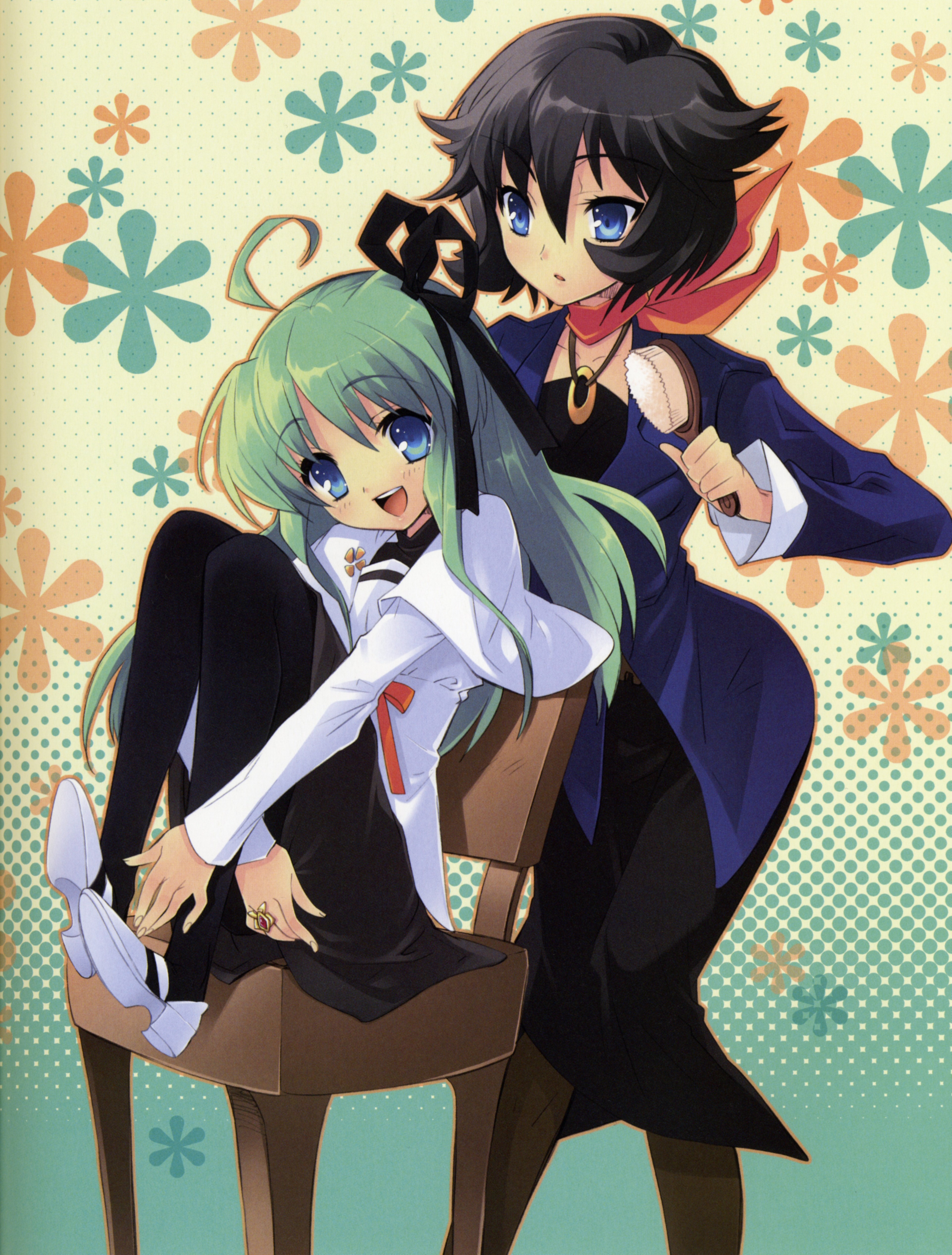 ito noizi, croix, satsuki julirsia, nanatsuiro drops, absurdres, highres, 00s, 2girls, black hair, blue eyes, chair, green hair, hair brush, happy, long hair, multiple girls, pantyhose, ribbon, short hair, sitting, smile