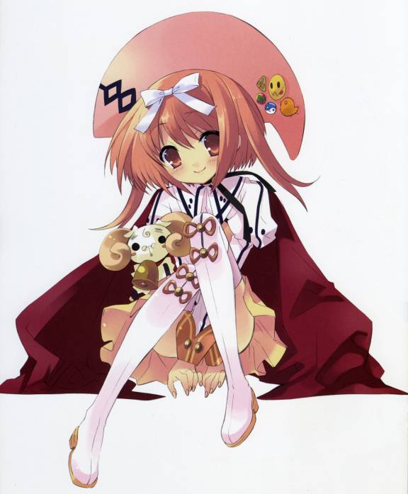 ito noizi, akihime sumomo, yuki-chan, nanatsuiro drops, 00s, bell, bicorne, buttons, cape, dress, glasses, happy, hat, horns, red eyes, red hair, ribbon, sitting, smile, solo
