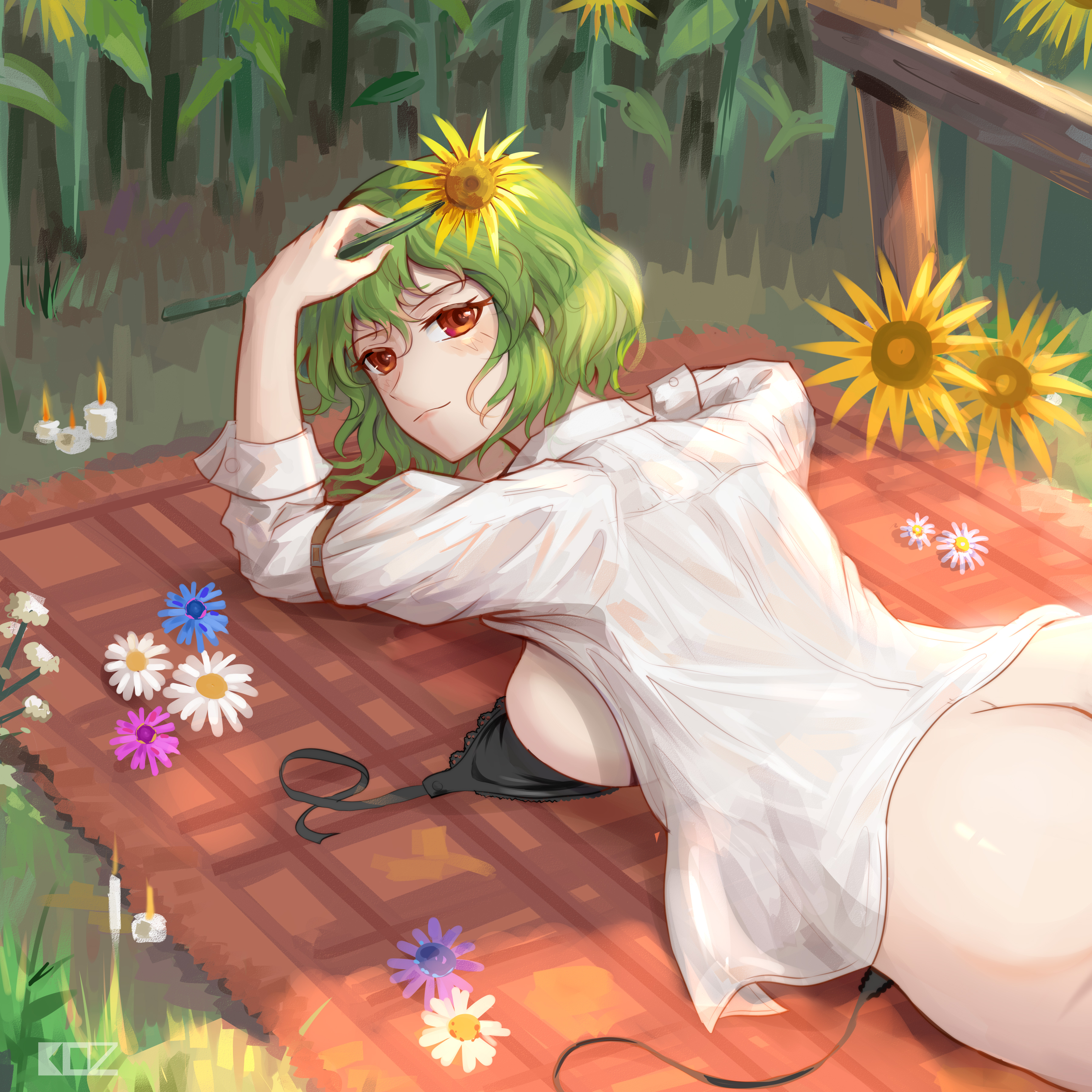 edz drawz, kazami yuuka, touhou, absurdres, commentary, highres, 1girl, arm strap, ass, black bra, blush, bottomless, bra, breasts, butt crack, candle, collared shirt, dated commentary, flower, green hair, hair between eyes, light blush, long sleeves, looking at viewer, looking back, lying, on stomach, open bra, open clothes, open shirt, panties, plaid rug, red eyes, shirt, short hair, side-tie panties, signature, solo, sunflower, unbuttoned, underwear, undone bra, untied panties, white shirt