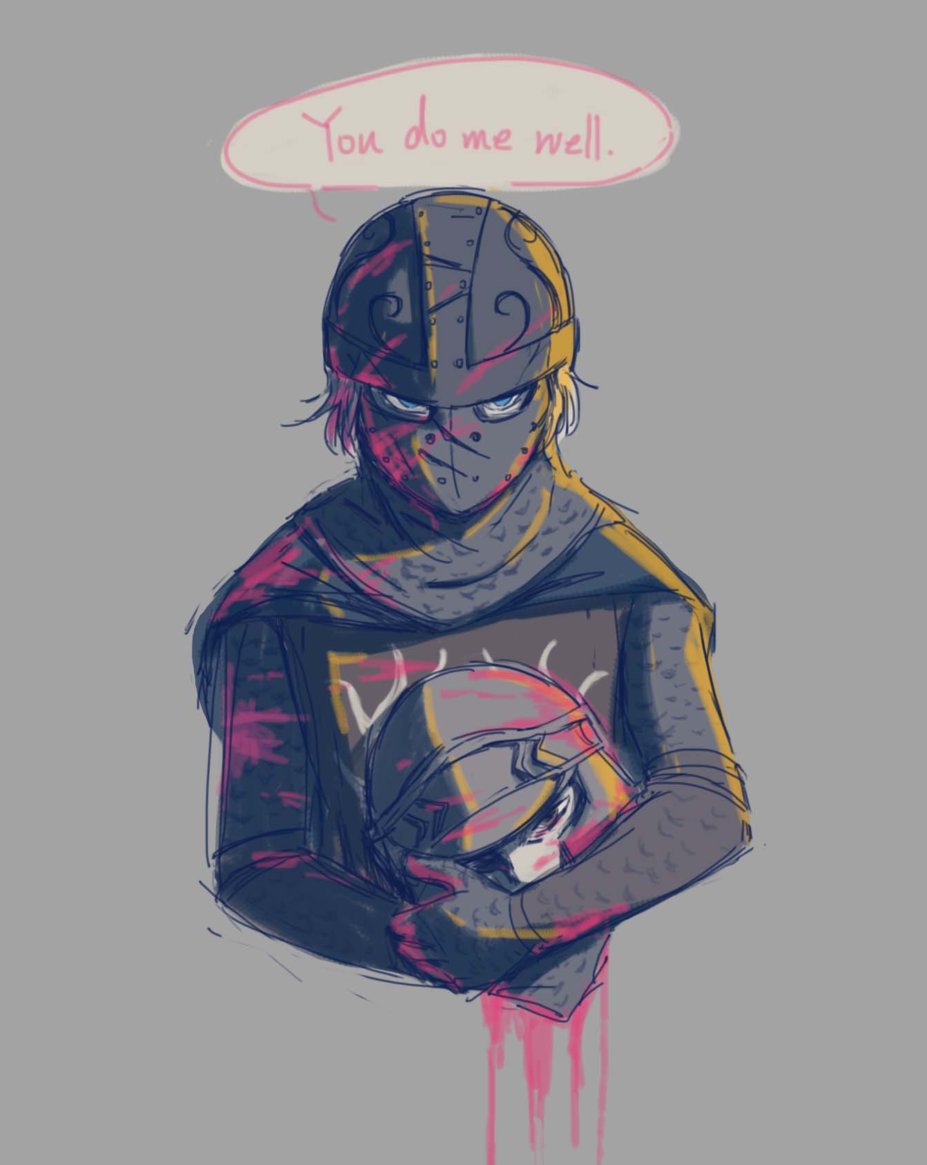 lynol, creighton of mirrah, mild mannered pate, dark souls (series), dark souls ii, commentary, highres, 2boys, armor, blood, blood on face, blue eyes, chainmail, grey background, helmet, holding detached head, looking at viewer, male focus, mask, masked, multiple boys, severed head, simple background