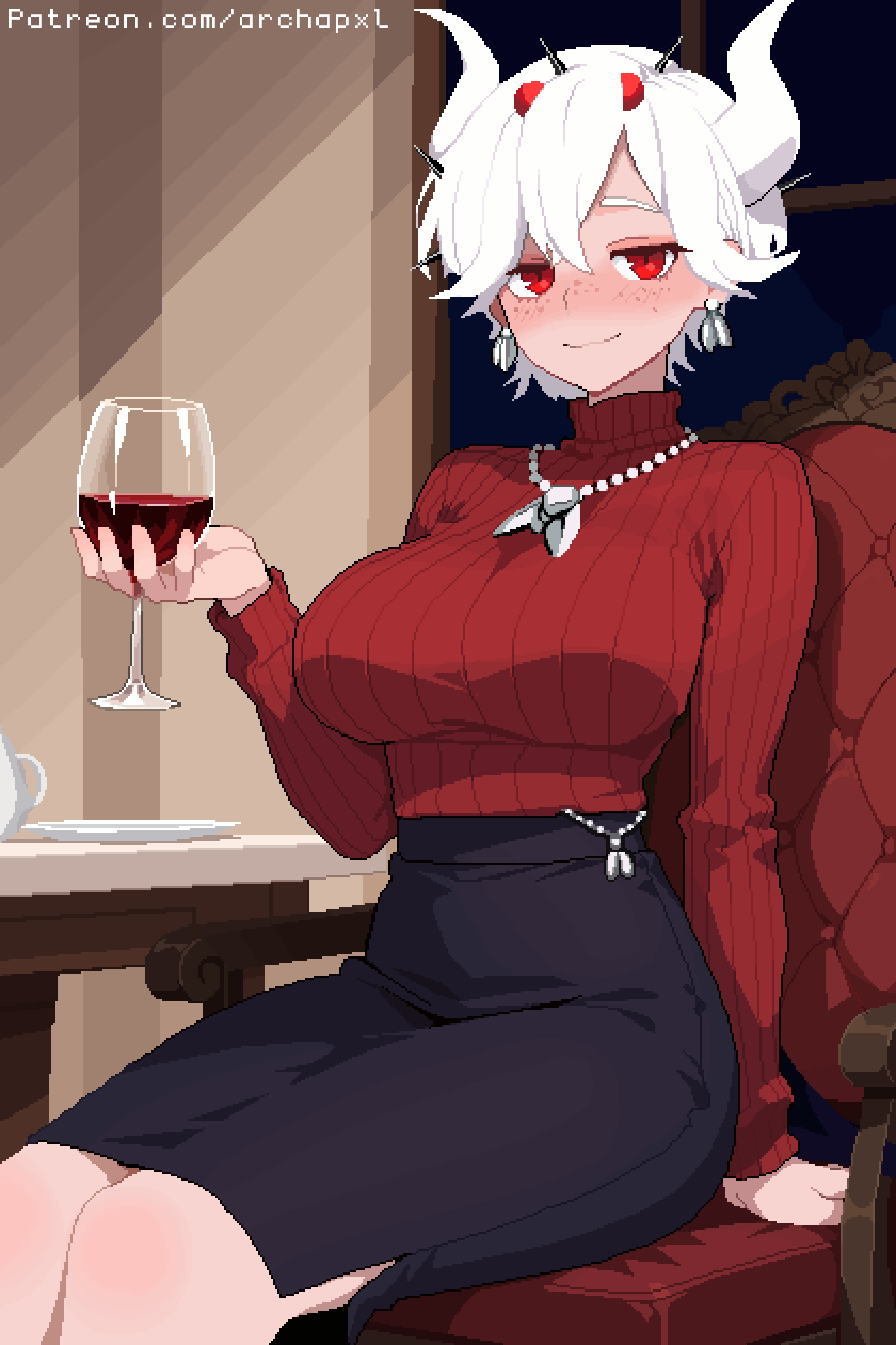 archapxl, beelzebub (helltaker), helltaker, highres, 1girl, alcohol, artist name, black skirt, blush, breasts, bug, chair, cup, demon girl, demon horns, drinking glass, fly, freckles, holding, holding cup, horns, insect, jewelry, large breasts, long sleeves, looking at viewer, necklace, on chair, pencil skirt, pixel art, plate, red eyes, red sweater, red wine, sitting, skirt, smile, sweater, table, turtleneck, turtleneck sweater, watermark, web address, white hair, white horns, wine, wine glass