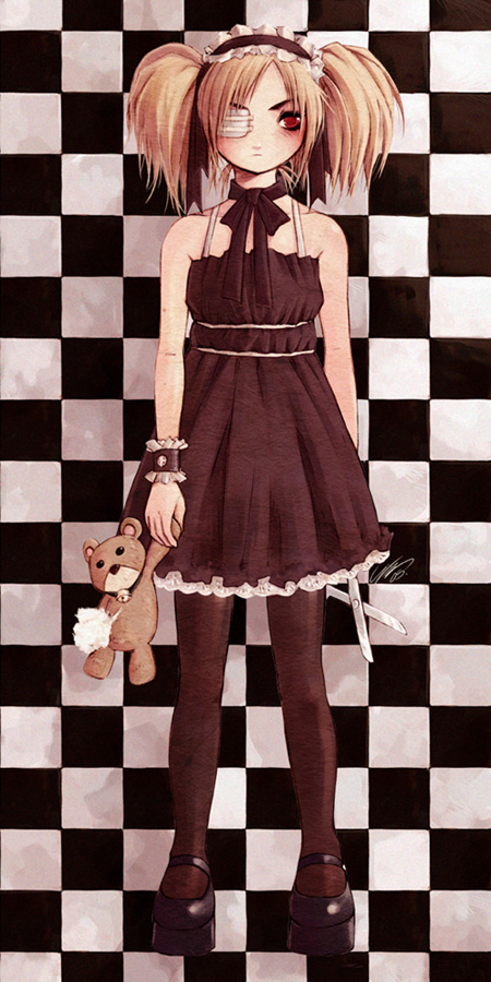 messiah cage, messiah, blonde hair, bow, cuffs, dress, eyepatch, flat chest, frown, hairband, lace, mary janes, pantyhose, platform shoes, red eyes, ribbon, scissors, shoes, short hair, solo, standing, stuffed animal, stuffed toy, teddy bear, twintails, wristband