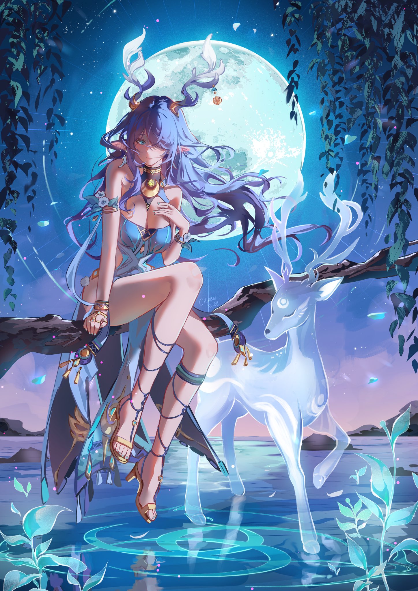 chikenryice, lauma (genshin impact), genshin impact, commentary, english commentary, highres, 1girl, antler ornament, antlers, bare shoulders, blue dress, blue eyes, blue hair, breasts, closed mouth, deer antlers, dress, full moon, hair over one eye, horns, large breasts, long hair, moon, night, night sky, outdoors, pointy ears, sitting, sitting on branch, sky, sleeveless, sleeveless dress, solo, very long hair, water
