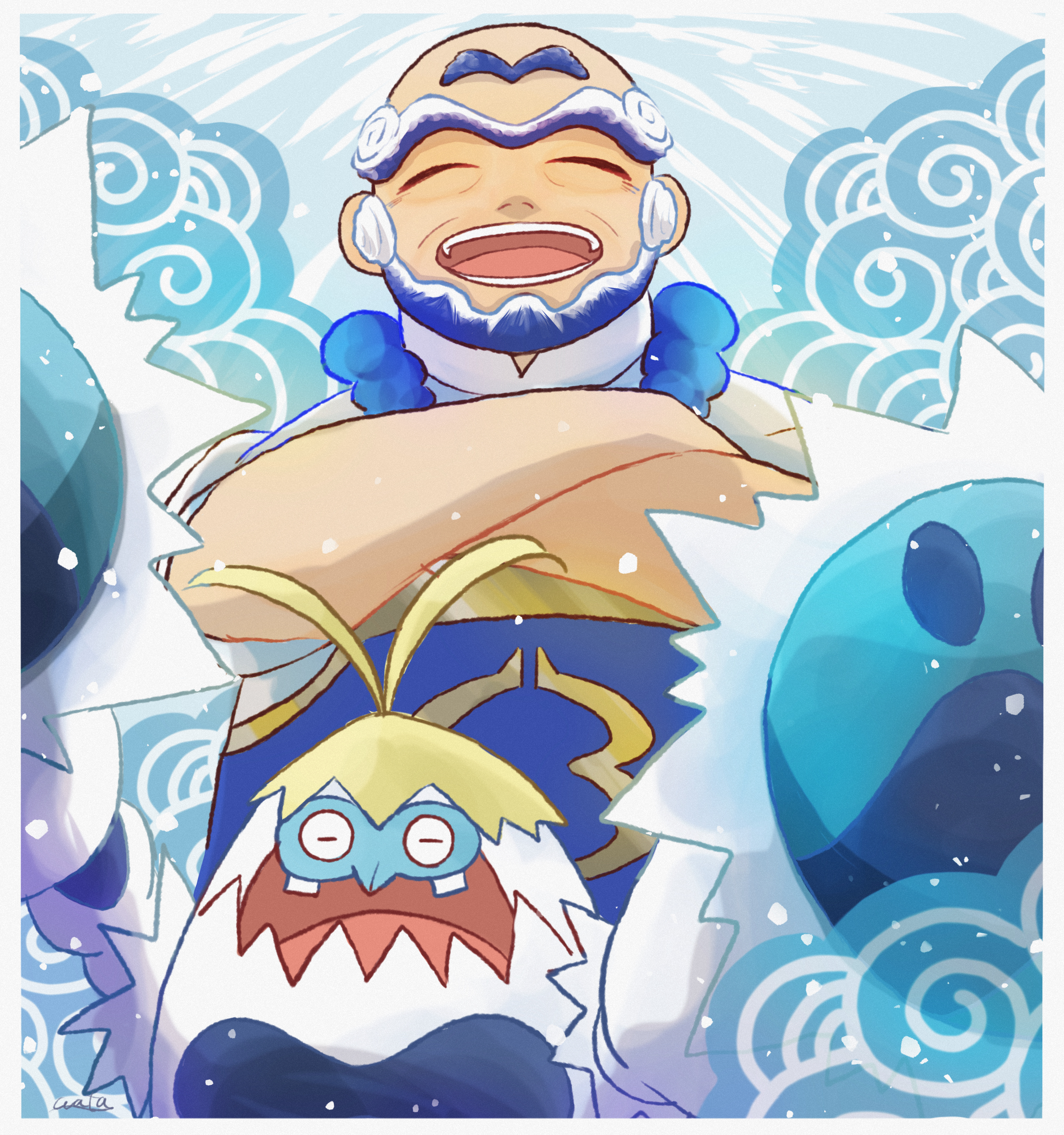crabominable, kofu (pokemon), nintendo, pokemon, pokemon sv, absurdres, commentary request, highres, 1boy, bald, blue hair, border, closed eyes, crossed arms, facial hair, gen 7 pokemon, male focus, multicolored hair, open mouth, pokemon (creature), smile, teeth, two-tone hair, user ndhd2457, white border, white hair
