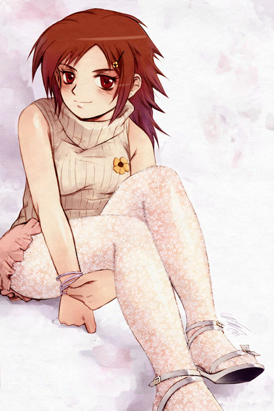 messiah cage, messiah, 1girl, bracelet, breasts, brown hair, cleavage, female focus, flower, hair ornament, hairclip, high heel sandals, high heels, jewelry, open shoes, pantyhose, red eyes, sandals, shoes, short hair, sitting, skirt, smile, solo, turtleneck