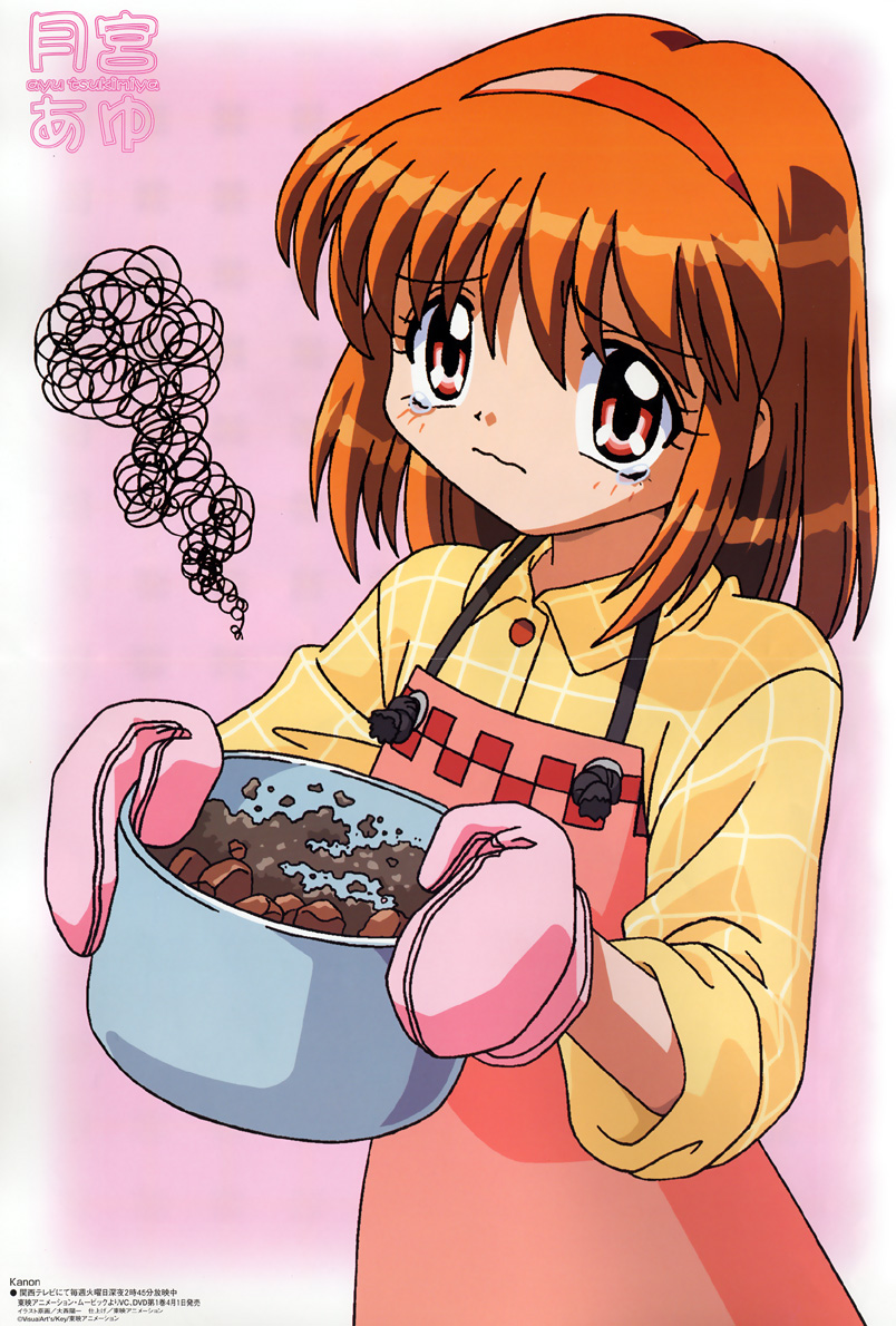 oonishi youichi, tsukimiya ayu, kanon, key (company), 1girl, apron, cooking, female focus, food, gloves, hairband, orange hair, oven mitts, pink apron, red eyes, sad, sleeves rolled up, solo, tears