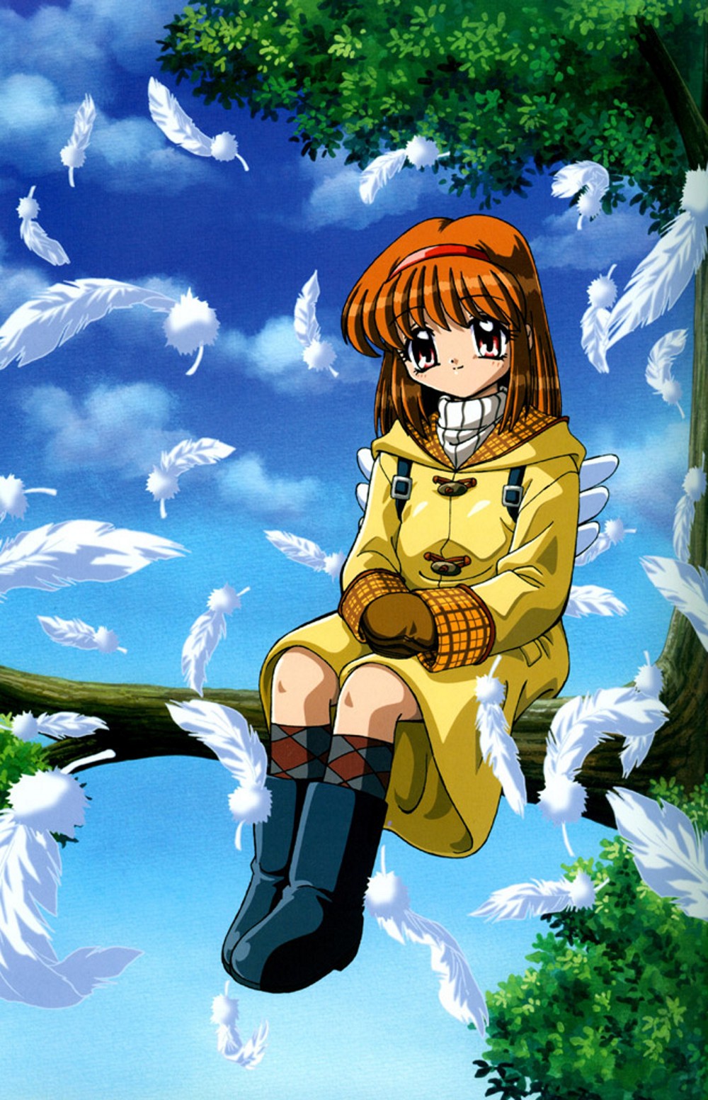 tsukimiya ayu, kanon, highres, cloud, day, feathers, gloves, hairband, mittens, nature, orange hair, red eyes, ribbon, short hair, sitting, sky, solo, wings