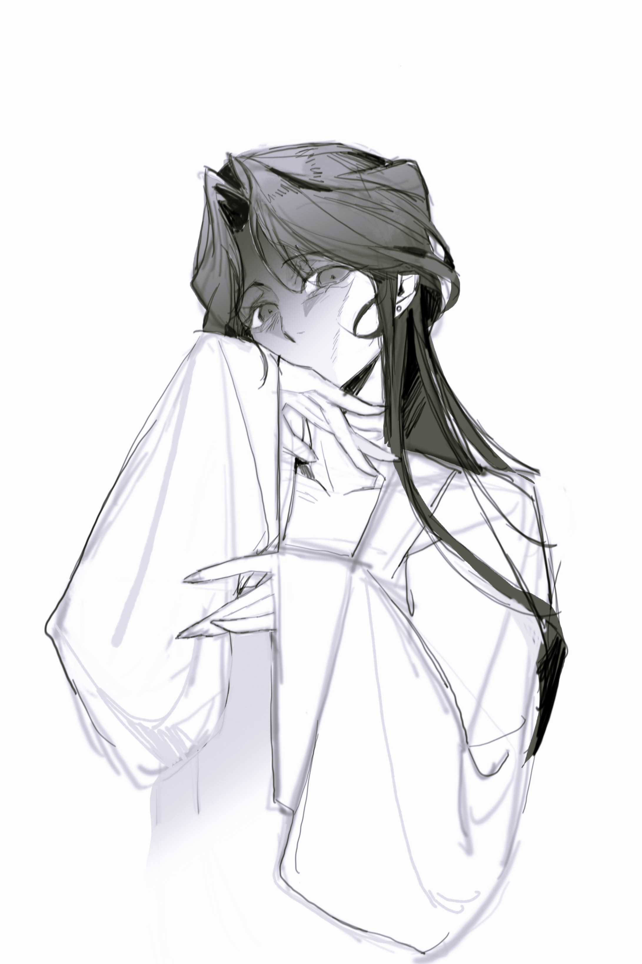 yingying (path to nowhere), path to nowhere, absurdres, highres, variant set, 1girl, collarbone, covering own mouth, cropped torso, face in shadow, forehead, greyscale, half updo, looking at viewer, monochrome, no mouth, parted bangs, shashajitui bot, sideways glance, simple background, solo, upper body, wide sleeves