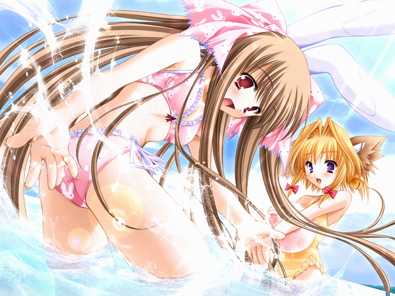 moekibara fumitake, piz, run (purism egoist), lump of sugar, purism egoist, game cg, non-web source, 2girls, animal ears, ball, beachball, bell, bikini, blonde hair, blush, brown hair, day, flat chest, lens flare, long hair, looking back, multiple girls, one-piece swimsuit, open mouth, purple eyes, rabbit ears, red eyes, ribbon, short hair, side-tie bikini bottom, smile, splashing, striped clothes, striped one-piece swimsuit, swimsuit, very long hair, wading, water