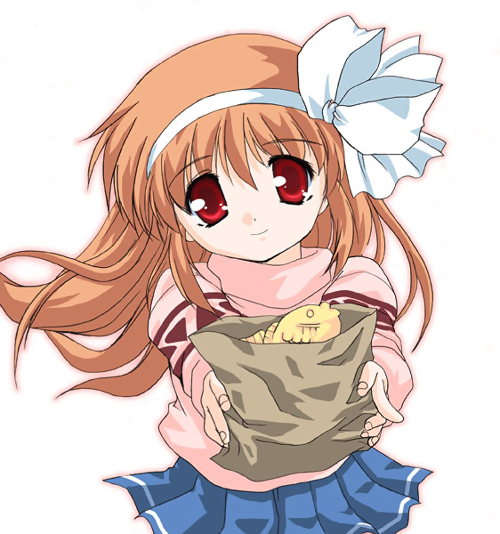 tsukimiya ayu, kanon, food, long hair, orange hair, red eyes, ribbon, solo, taiyaki, wagashi