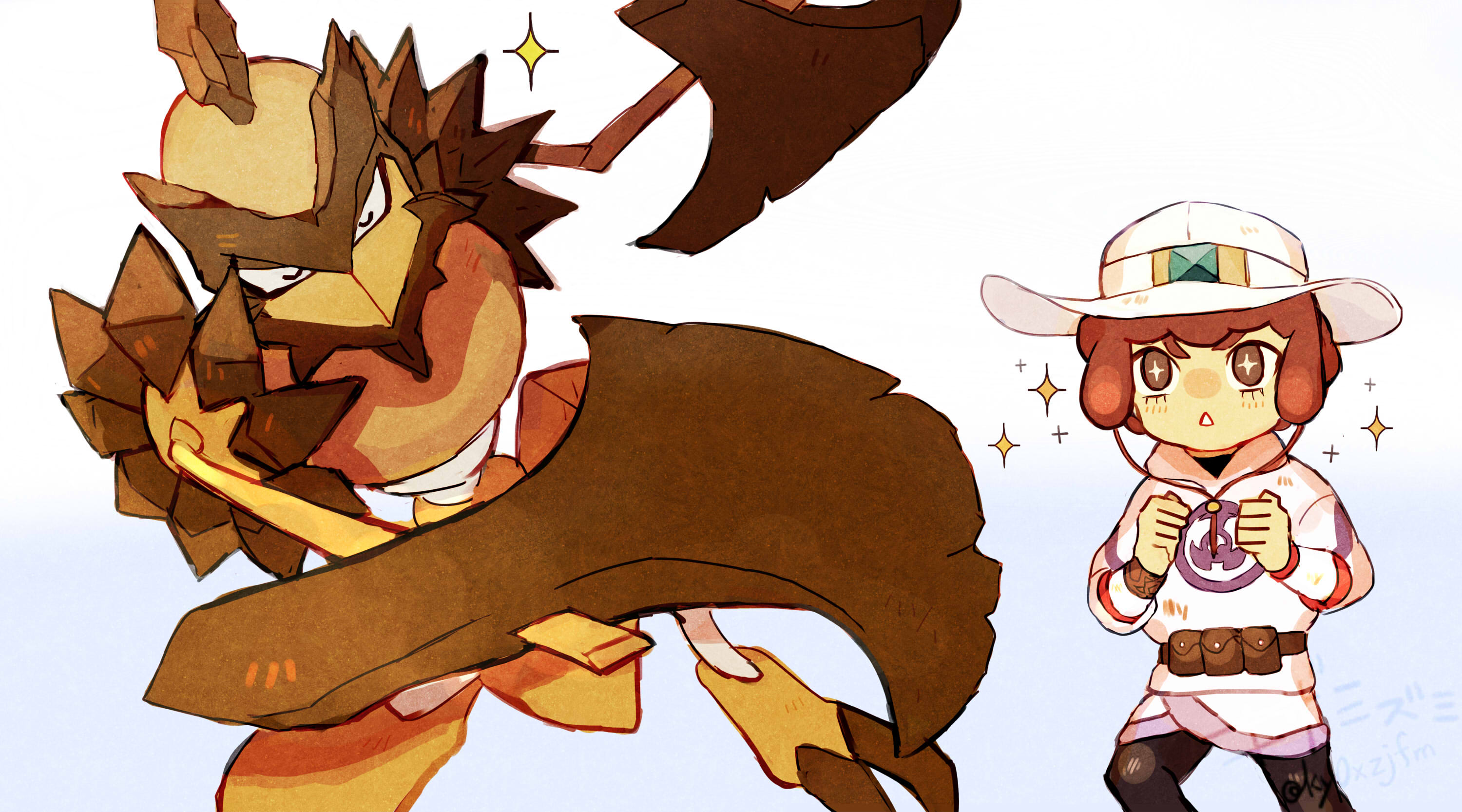 kizami (hetaisi), kleavor, lian (pokemon), nintendo, pokemon, pokemon legends: arceus, commentary request, highres, + +, 1boy, brown eyes, brown hair, closed eyes, cowboy hat, eyelashes, hat, long sleeves, open mouth, pearl clan outfit, pokemon (creature), pouch, short hair, simple background, sparkle, white background, white hat