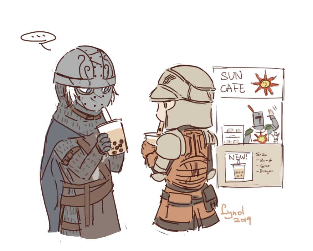 lynol, creighton of mirrah, mild mannered pate, solaire of astora, dark souls (series), dark souls i, dark souls ii, commentary, …, 2019, 3boys, armor, artist name, blue cape, blue eyes, brown gloves, brown vest, bubble tea, cape, chainmail, drinking straw, english text, gloves, grey tunic, helm, helmet, male focus, market stall, mask, masked, multiple boys, short hair, simple background, spoken ellipsis, tunic, vest, white background, white hair