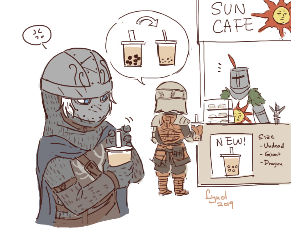 lynol, creighton of mirrah, mild mannered pate, solaire of astora, dark souls (series), dark souls i, dark souls ii, commentary, 2019, 3boys, armor, artist name, blue cape, blue eyes, brown gloves, brown vest, bubble tea, cape, chainmail, drinking straw, english text, gloves, grey tunic, helmet, male focus, market stall, mask, masked, multiple boys, short hair, simple background, sun print, tunic, vest, white background, white hair