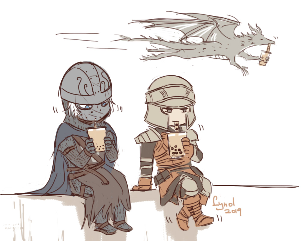 lynol, ancient dragon (dark souls), creighton of mirrah, mild mannered pate, dark souls (series), dark souls ii, commentary, 2019, 2boys, armor, blue cape, blue eyes, brown gloves, brown vest, bubble tea, cape, chainmail, dragon, drinking straw, flying, gloves, grey tunic, helmet, male focus, mask, masked, multiple boys, short hair, simple background, sitting, tunic, vest, white background, white hair