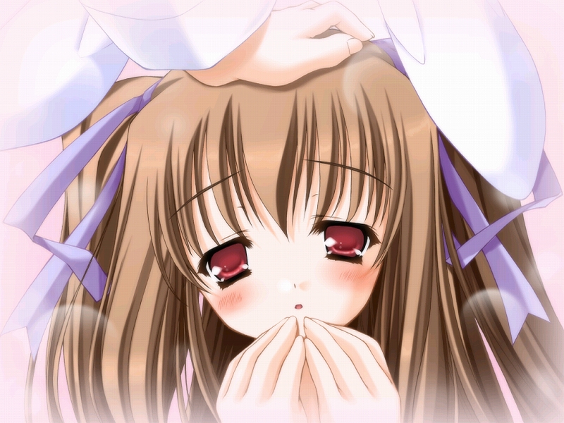 moekibara fumitake, piz, lump of sugar, purism egoist, game cg, non-web source, 1girl, animal ears, blush, brown hair, close-up, hair ribbon, hand on another's head, headpat, long hair, open mouth, petting, rabbit ears, red eyes, ribbon, robot, smile, solo focus, twintails