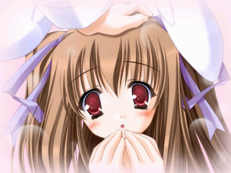 moekibara fumitake, piz, lump of sugar, purism egoist, game cg, non-web source, 1girl, :o, animal ears, blush, brown hair, close-up, hair ribbon, hand on another's head, headpat, long hair, open mouth, petting, rabbit ears, red eyes, ribbon, robot, solo focus, twintails