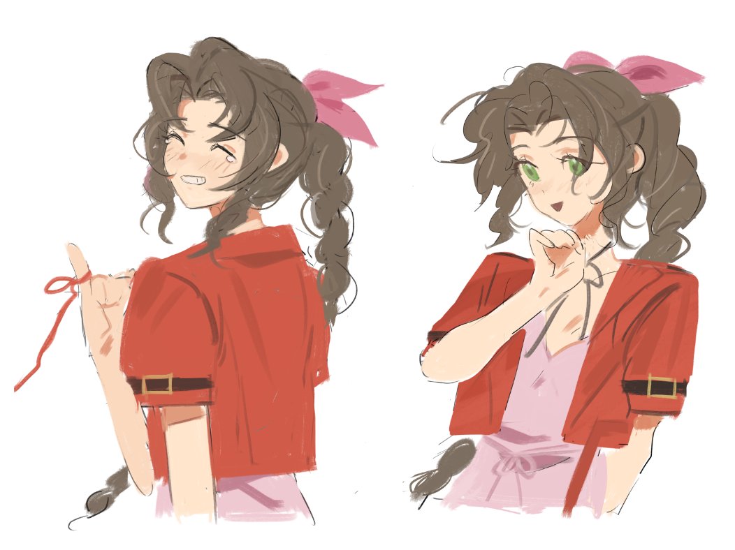 pai jingguan, aerith gainsborough, final fantasy, final fantasy vii, final fantasy vii remake, chinese commentary, commentary request, 1girl, arm behind back, brown hair, closed eyes, cropped jacket, cropped torso, crying, dress, green eyes, hair intakes, hair ribbon, hand up, high ponytail, jacket, jewelry, light blush, light smile, long hair, looking back, multiple views, necklace, open clothes, open jacket, parted bangs, pink dress, pink ribbon, ponytail, red jacket, ribbon, sad smile, sidelocks, string, string of fate, upper body, wavy hair, white background