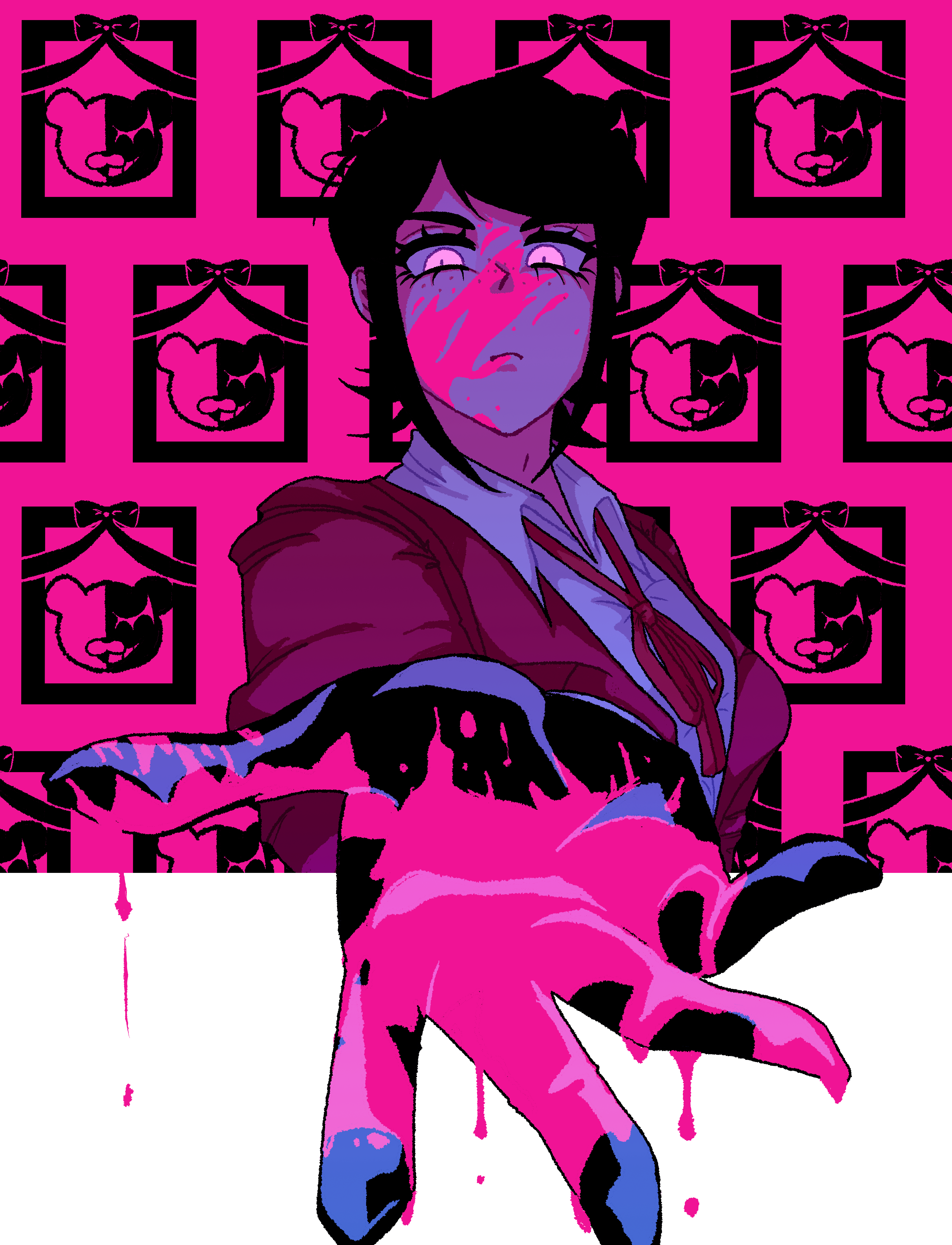 princescar, ikusaba mukuro, monokuma, danganronpa: trigger happy havoc, danganronpa (series), absurdres, commentary, english commentary, highres, 1girl, black gloves, black hair, blood, blood drip, blood on face, blood on gloves, blood on hands, closed mouth, collared shirt, dripping, eyelashes, freckles, gloves, jacket, neck ribbon, open clothes, open jacket, reaching, reaching towards viewer, red ribbon, ribbon, shirt, short hair, sidelocks, solo, upper body, white shirt
