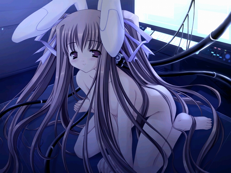 moekibara fumitake, piz, lump of sugar, purism egoist, game cg, non-web source, 1girl, android, animal ears, barefoot, blush, brown hair, cable, feet, female focus, flat chest, hair ribbon, kneeling, long hair, nude, rabbit ears, red eyes, ribbon, robot, smile, solo, twintails, very long hair