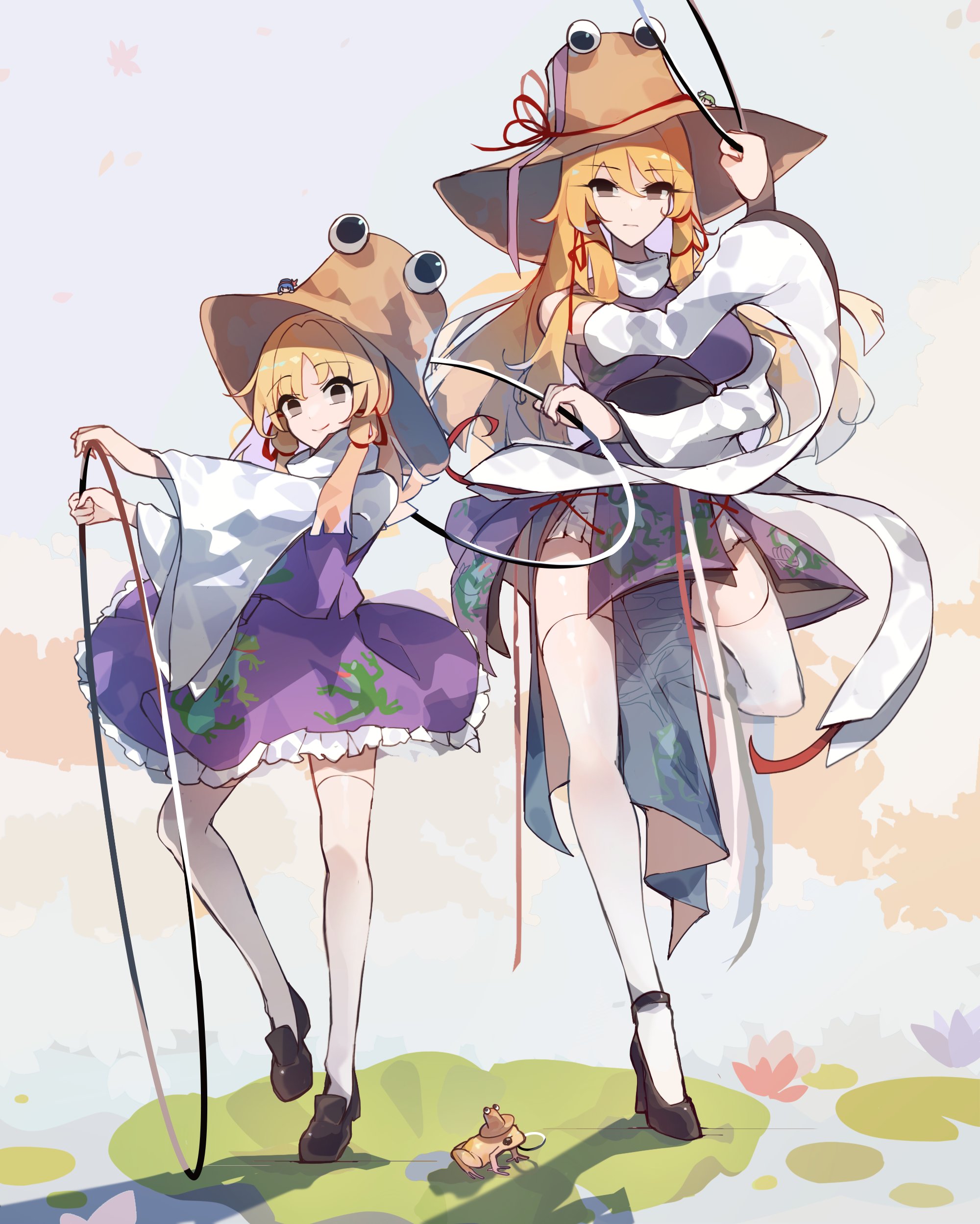 kaliningradg, moriya suwako, pyonta, touhou, absurdres, highres, 1other, 2girls, alternate breast size (larger), alternate costume, animal, animal print, blonde hair, brown hat, frog, frog hair ornament, frog print, full body, hair ornament, hair ribbon, hat, high heels, lily pad, loafers, long hair, moriya's iron rings, multiple girls, purple skirt, purple vest, ribbon, shoes, side slit, skirt, skirt set, standing, standing on one leg, thighhighs, tress ribbon, vest, white thighhighs, wide sleeves