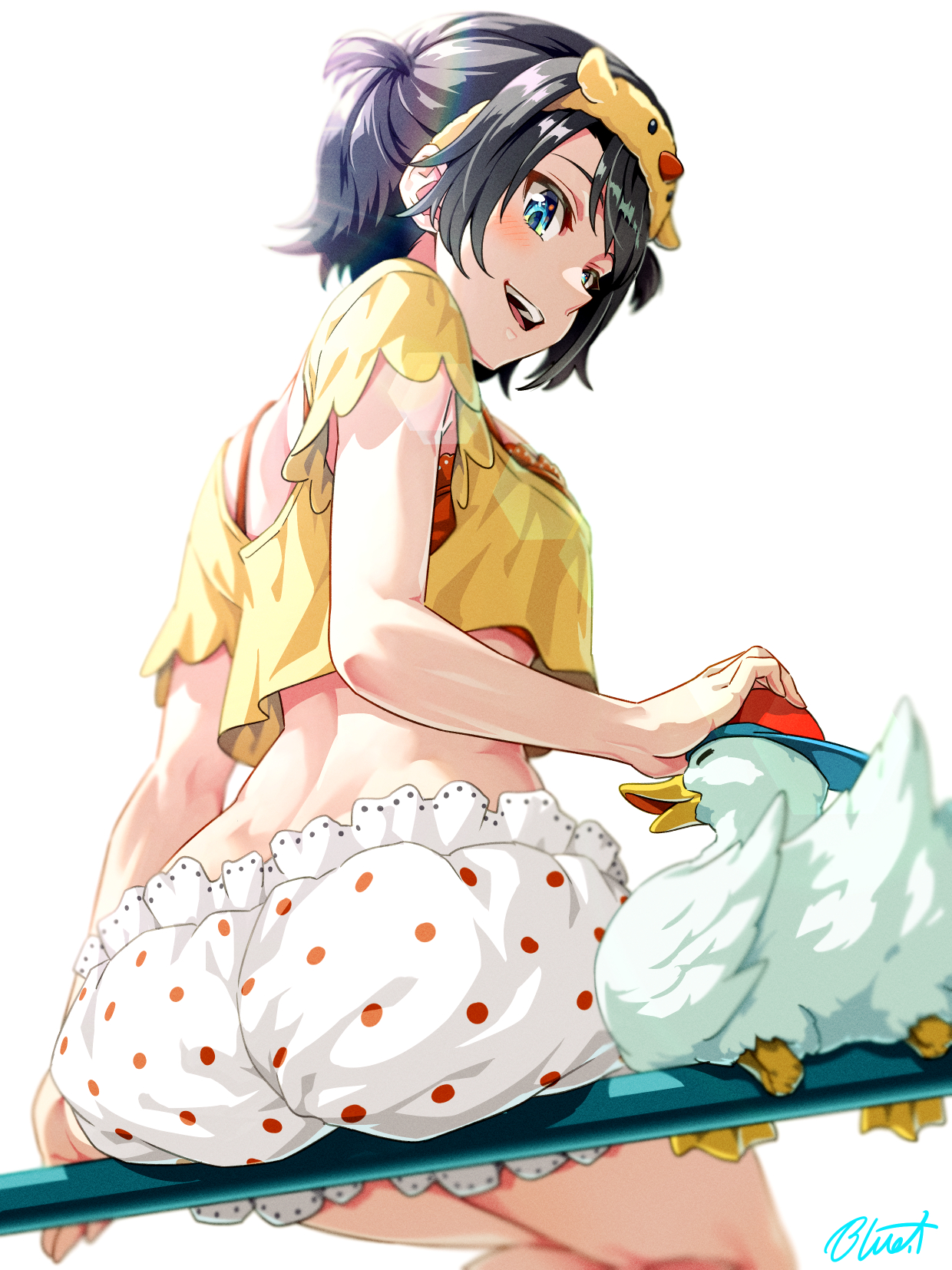 buru-dai, oozora subaru, oozora subaru (loungewear), subaru duck, hololive, highres, 1girl, animal, aqua eyes, ass, black hair, bloomers, blue eyes, bra, bra peek, cropped shirt, hairband, official alternate costume, orange bra, polka dot, polka dot bloomers, rubber duck, shirt, short hair, short sleeves, solo, two side up, underwear, virtual youtuber, white bloomers, yellow hairband, yellow shirt