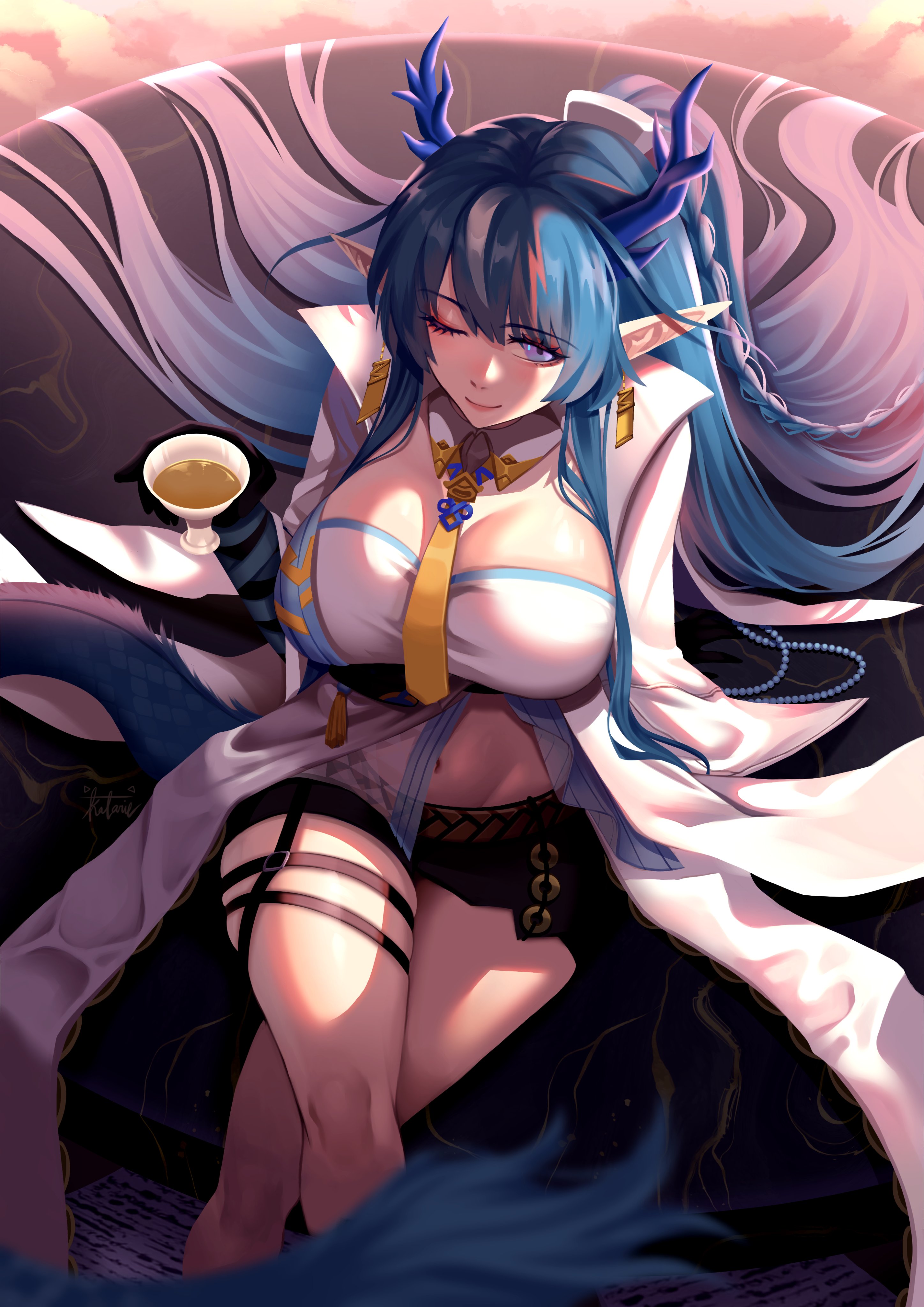 ling (arknights), arknights, absurdres, highres, 1girl, bandaged arm, bandages, blue eyes, blue hair, blue horns, breasts, coat, collar, colored extremities, cup, dragon girl, dragon horns, dragon tail, drink, earrings, eyeshadow, gradient hair, holding, holding cup, horns, jewelry, k atarie, large breasts, legs, long hair, long pointy ears, looking at viewer, makeup, multicolored hair, navel, one eye closed, pointy ears, red eyeshadow, short shorts, shorts, sitting, solo, tail, tassel, tassel earrings, thighs, very long hair, white coat
