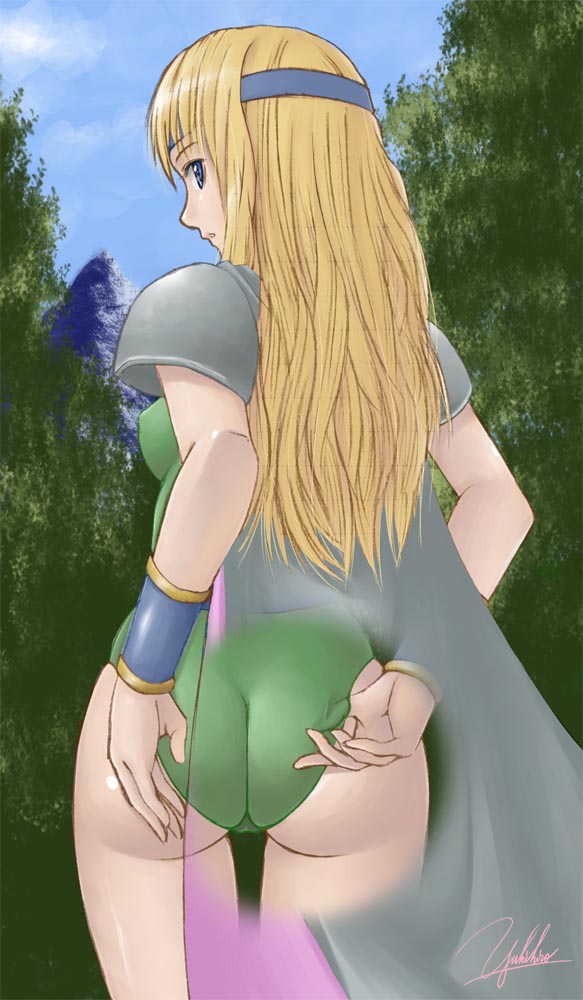 yukihiro, celes chere, final fantasy, final fantasy vi, bad id, bad pixiv id, 1990s (style), 1girl, adjusting clothes, adjusting leotard, ass, blonde hair, blue eyes, cameltoe, cape, female focus, headband, leotard, long hair, looking back, retro artstyle, signature, sketch, solo