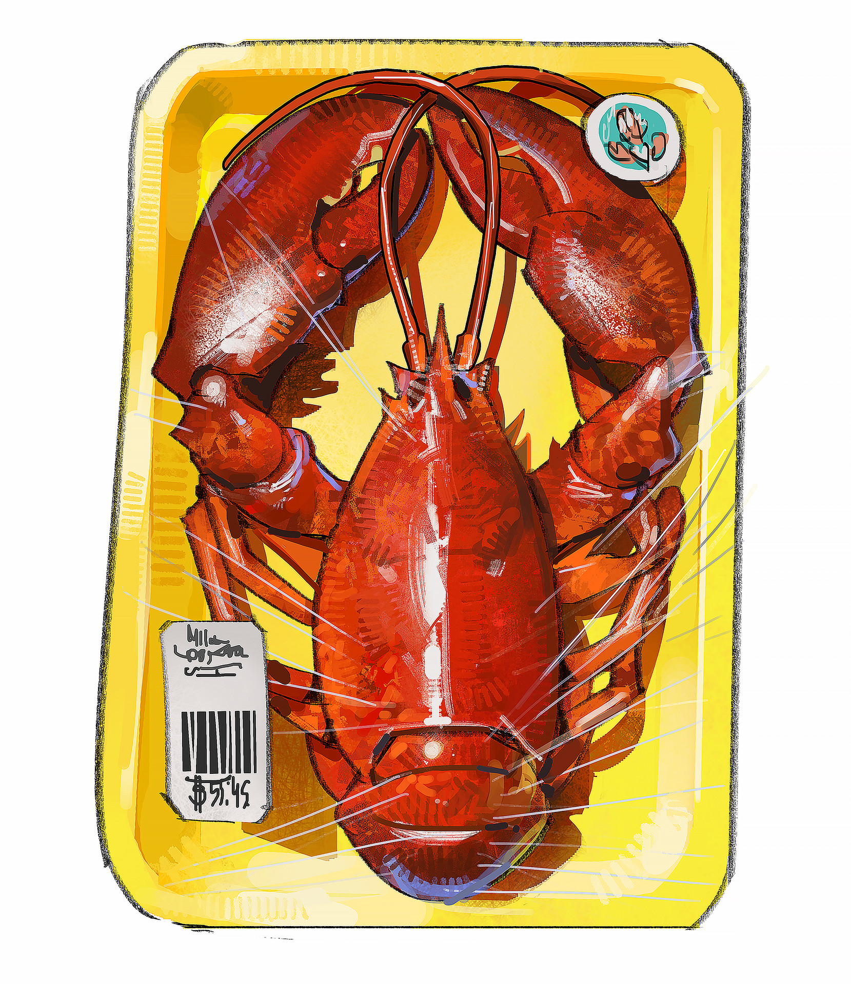 ramon nunez, commentary, english commentary, highres, barcode, food focus, food packaging, lobster, lobster claw, no humans, seafood, shrink wrap, simple background, white background