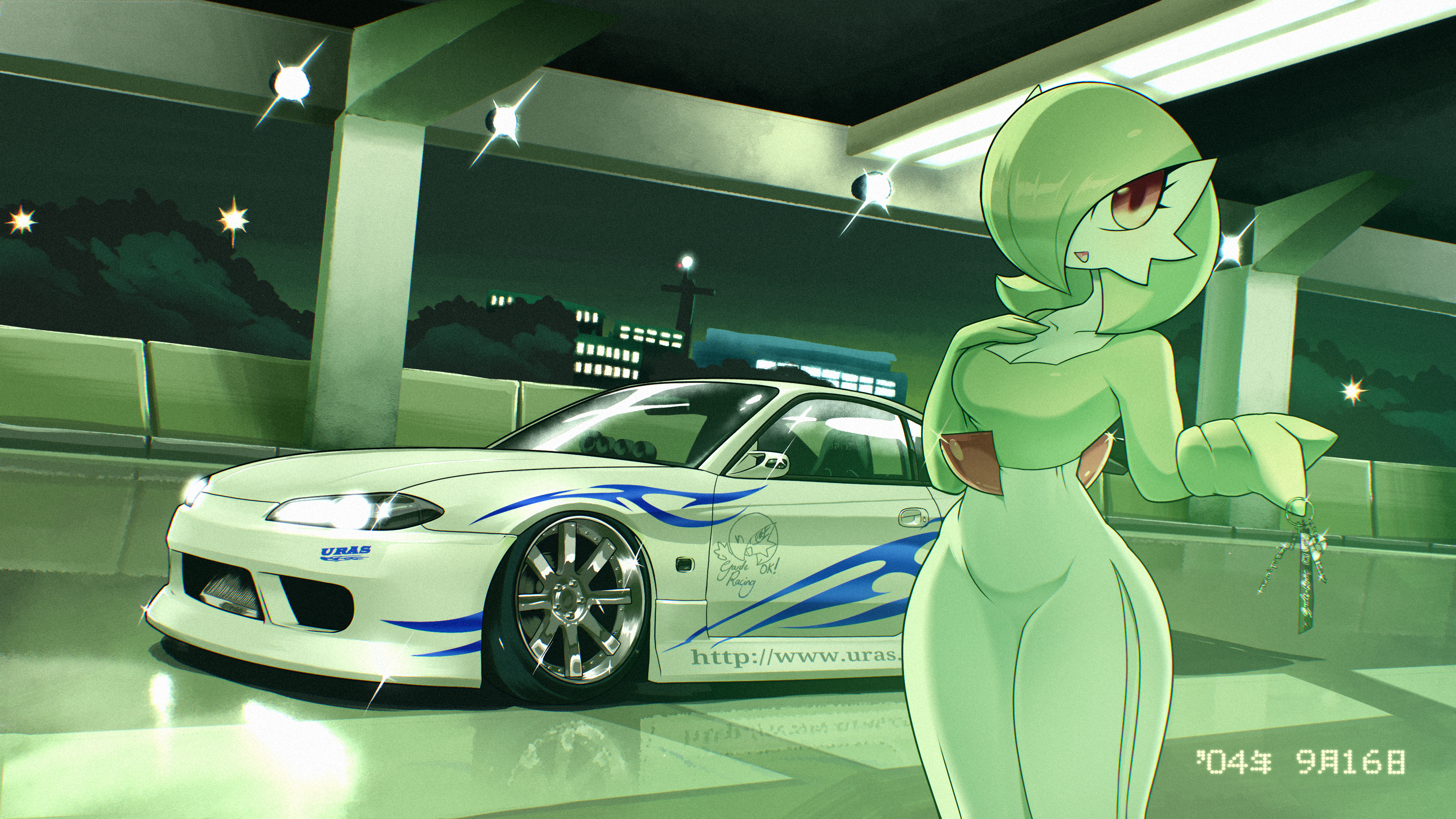 pearboy-ooh, gardevoir, nintendo, pokemon, absurdres, commentary, english commentary, highres, 1girl, breasts, car, clothed pokemon, colored skin, cowboy shot, film grain, gen 3 pokemon, glint, green hair, green skin, hair over one eye, hand on own chest, key, keyring, large breasts, looking at viewer, medium hair, motor vehicle, multicolored skin, night, nissan silvia, nissan silvia s15, one eye covered, open mouth, outstretched arm, pokemon (creature), red eyes, skirt, smile, solo, standing, two-tone skin, watermark, web address, white car, white skin, white skirt